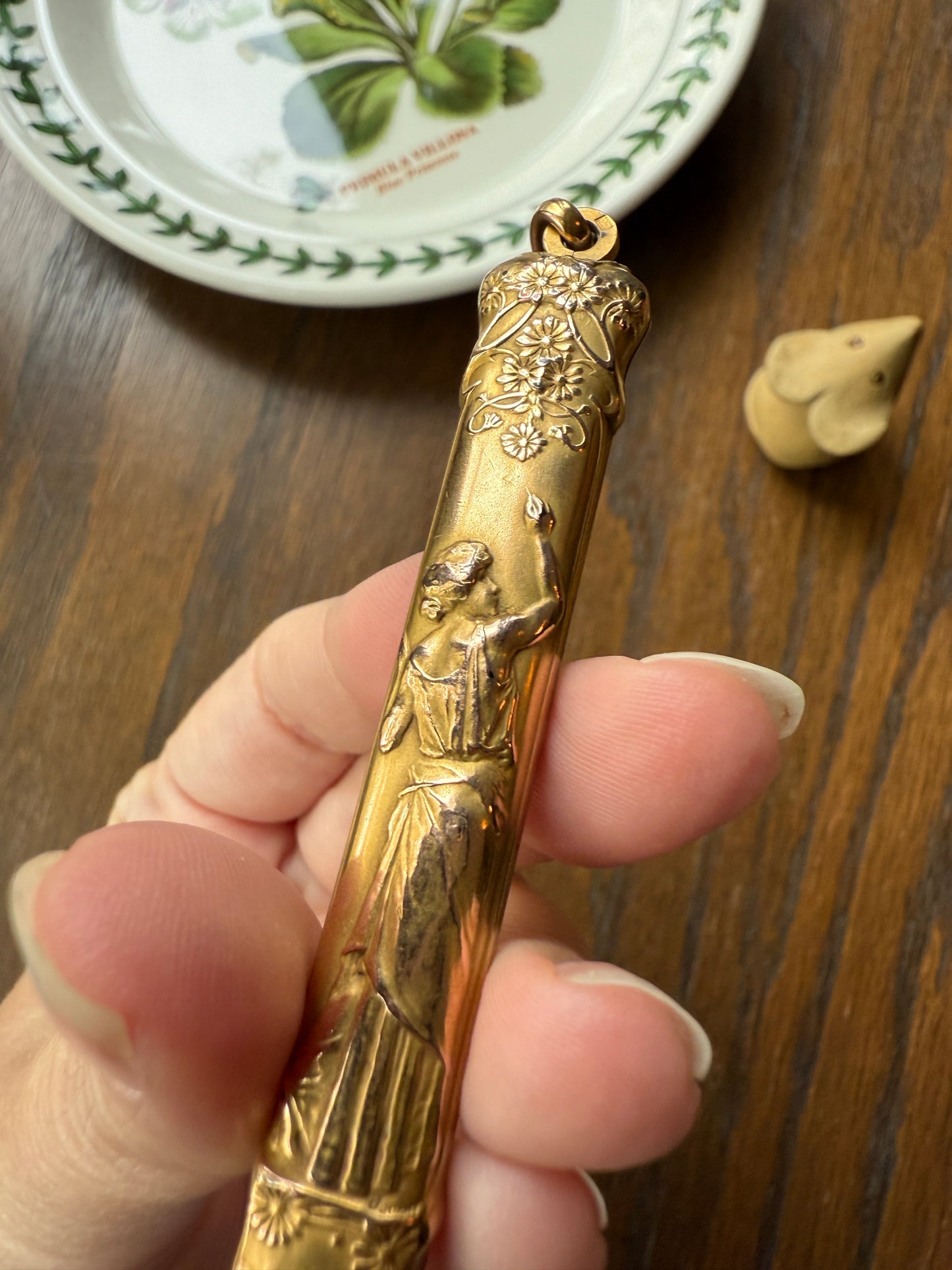 Victorian Lady French ANTIQUE " FIX " Brand Chatelaine Pencil Needle Case Pendant Rosy Gold Fill Forget Me Not Floral
