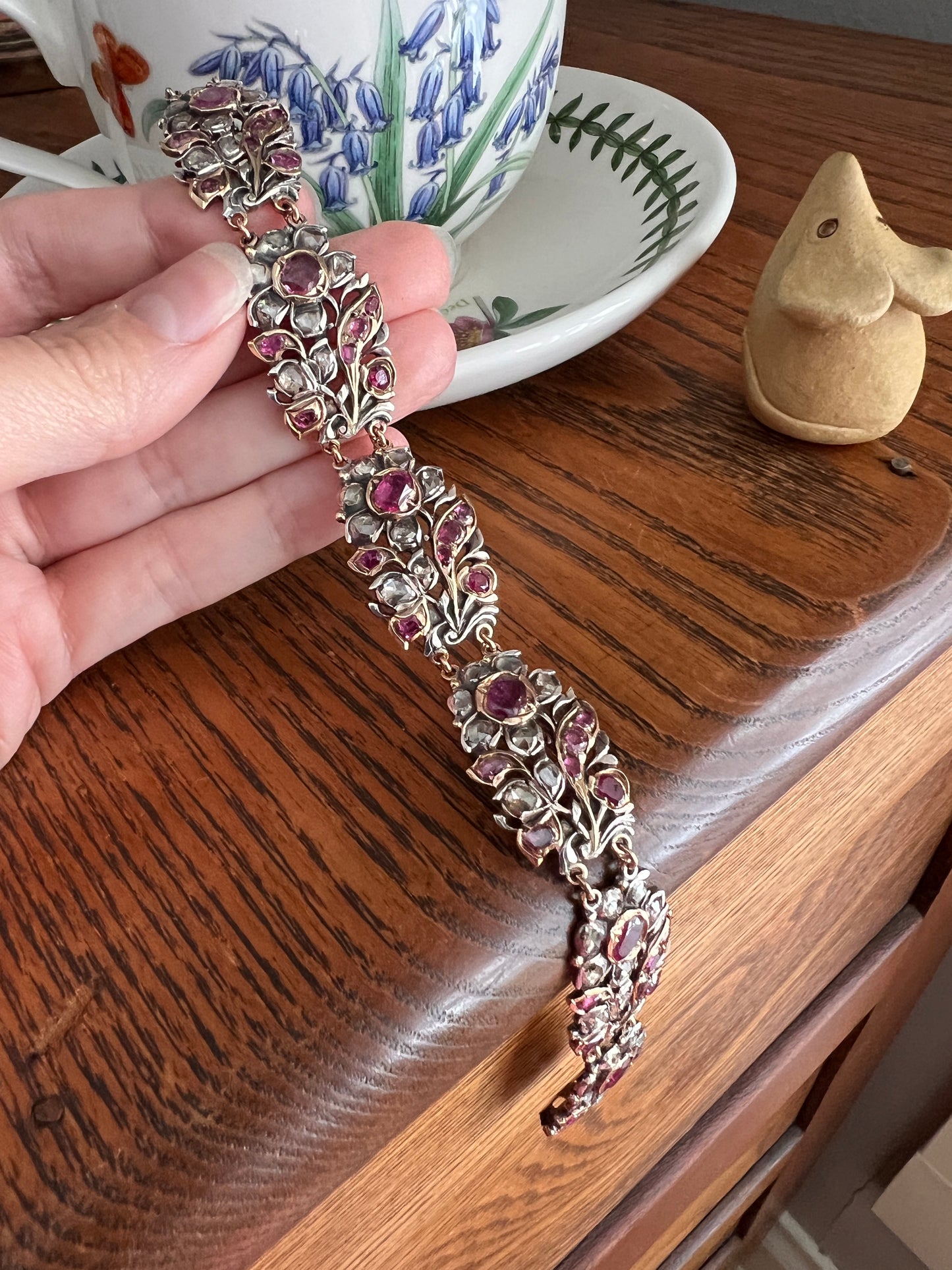 RARE Floral GIARDINETTI Antique Bracelet Flat Cut Ruby Pink Sapphire Rose Cut DIAMOND Figural Link Bracelet Georgian 14k Gold Silver