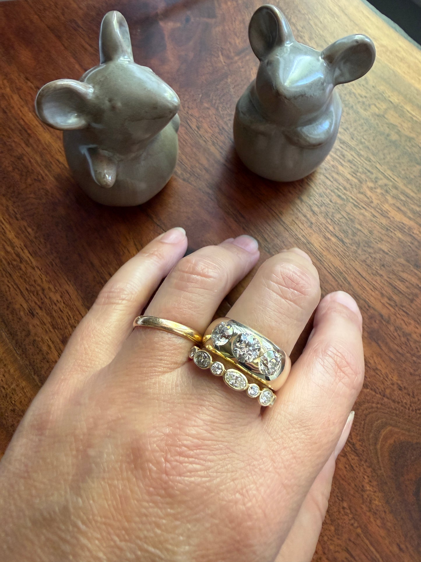 HEAVY Antique 2.4 Carats Natural Old Mine Cut Diamond Three Stone Gypsy Band 10.1g 14k Gold Stacker Ring Man Unisex Chunky
