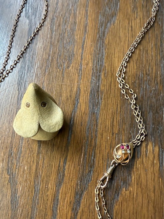 Victorian Art Nouveau Warm Rosy Gold Fill Long Guard Muff Watch Chain Necklace with Swirl Marquise Paste Ruby & Seed Pearl Slide