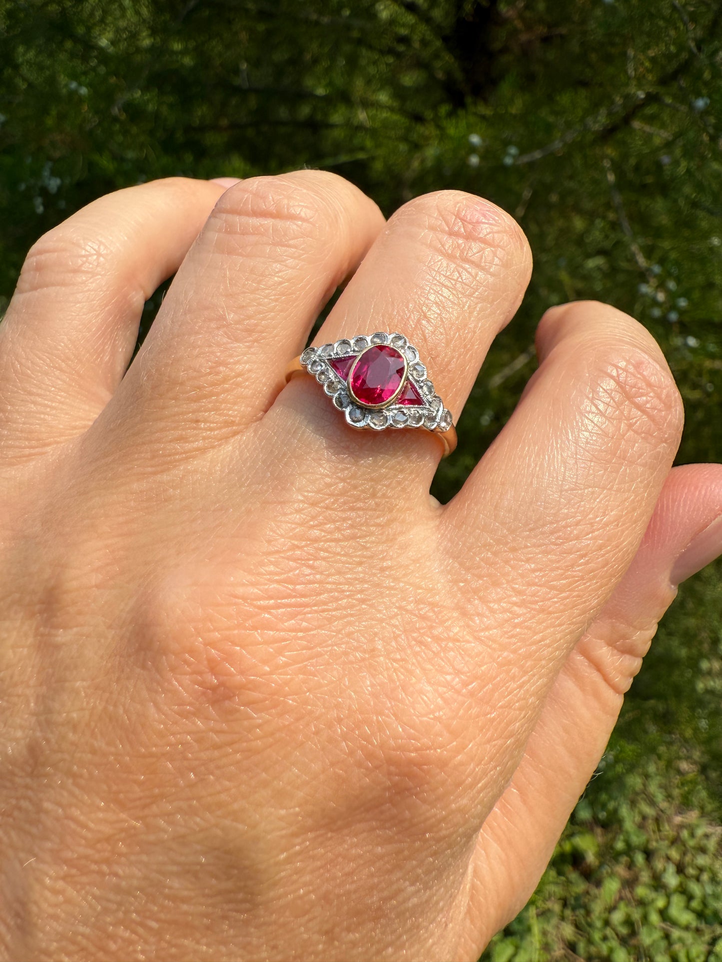 Antique Pink RUBY Rose Cut DIAMOND Garland Halo East West Ring French 18k Gold Stacker Belle Epoque Triangular Trillion