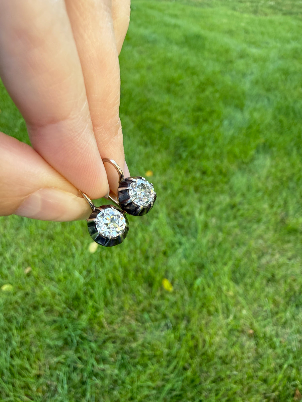 Original Antique Two Carats Tdw Natural Old Mine Cut Diamond Earrings 14k Gold Silver Collets Victorian Dangle Dormeuse Gift 2Ctw