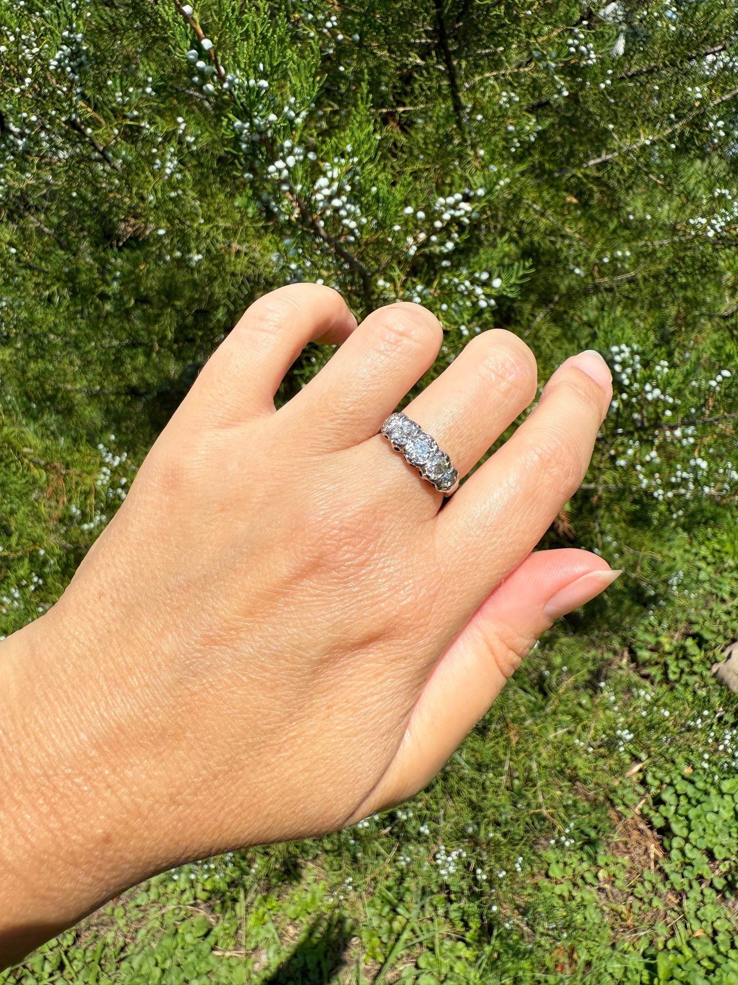 CHUNKY 1.5 Carat Five Stone Old Mine Cut Diamond Band French Antique Platinum Ring Stacker