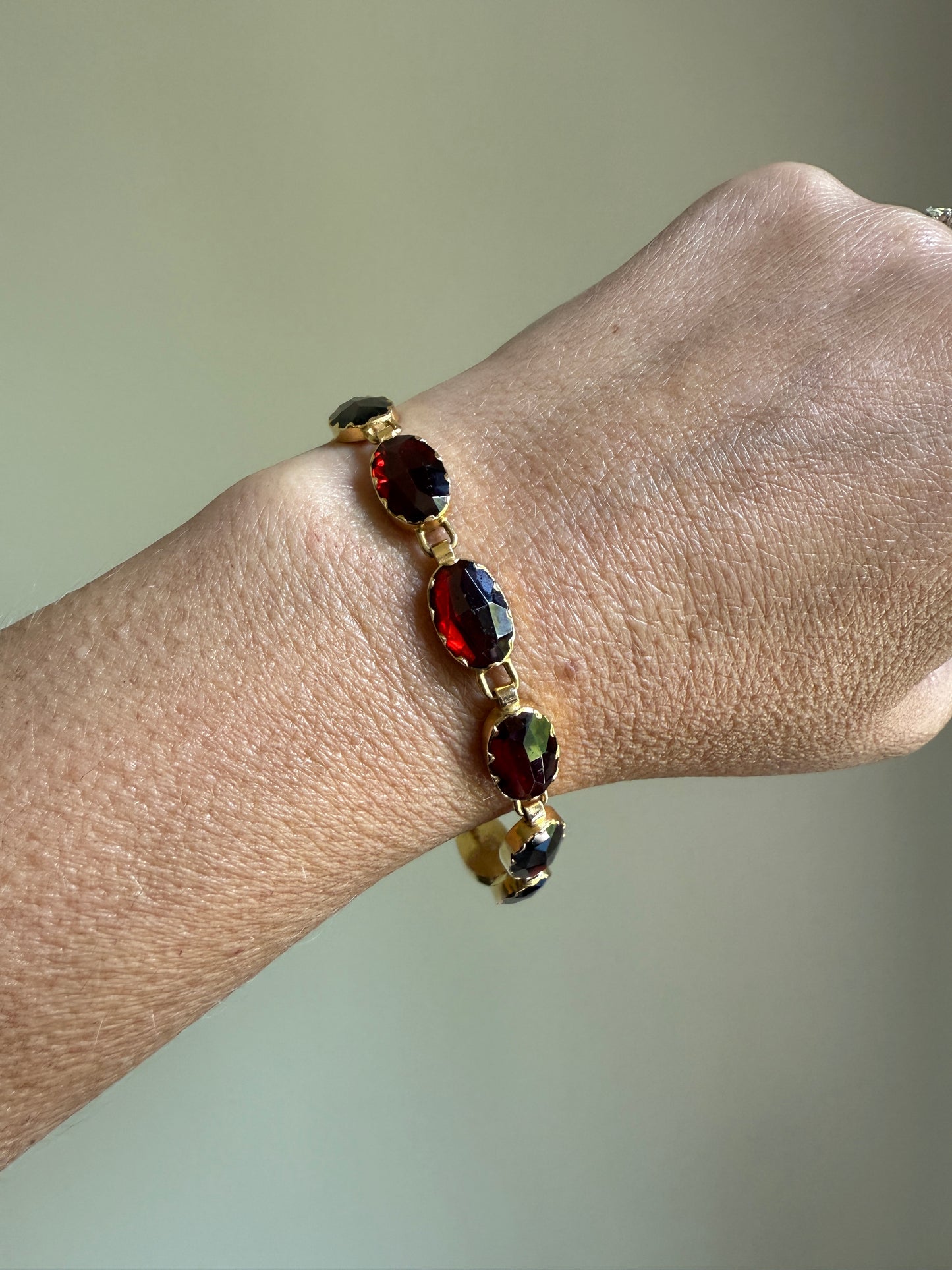 Vintage French Perpignan GARNET Riviere Eternity Bracelet 18k Gold Large Oval Bezel Set Rose Cut Closed Back Glowing Crimson Red Riviera