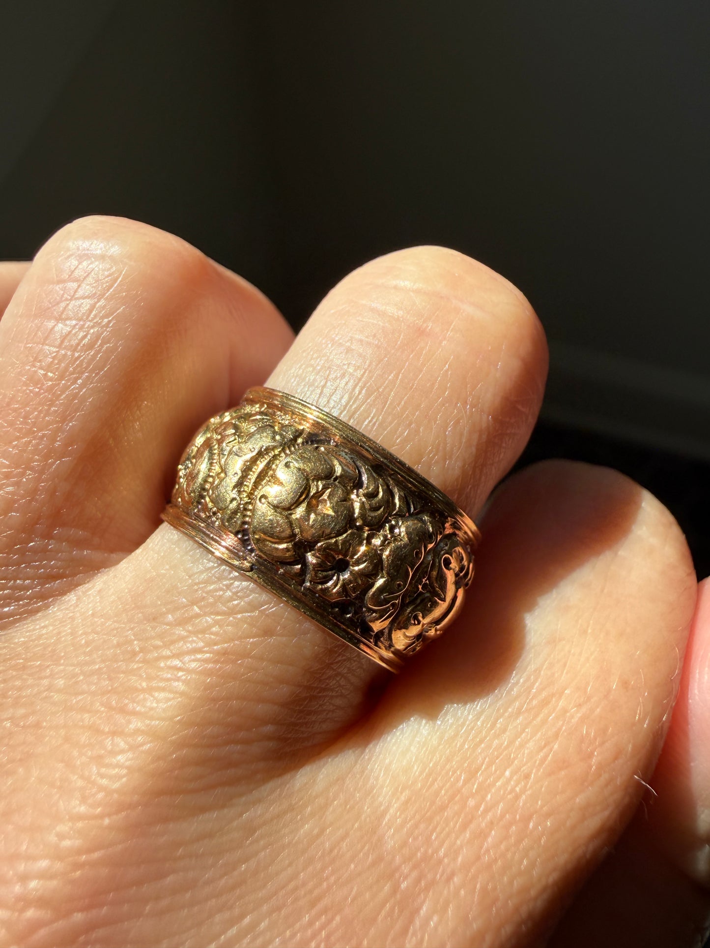 XL Antique FLORAL Embossed French Georgian Victorian Era Eternity Band 11mm Wide Ring 18k Gold Wedding Stacker Romantic Gift Flower Domed
