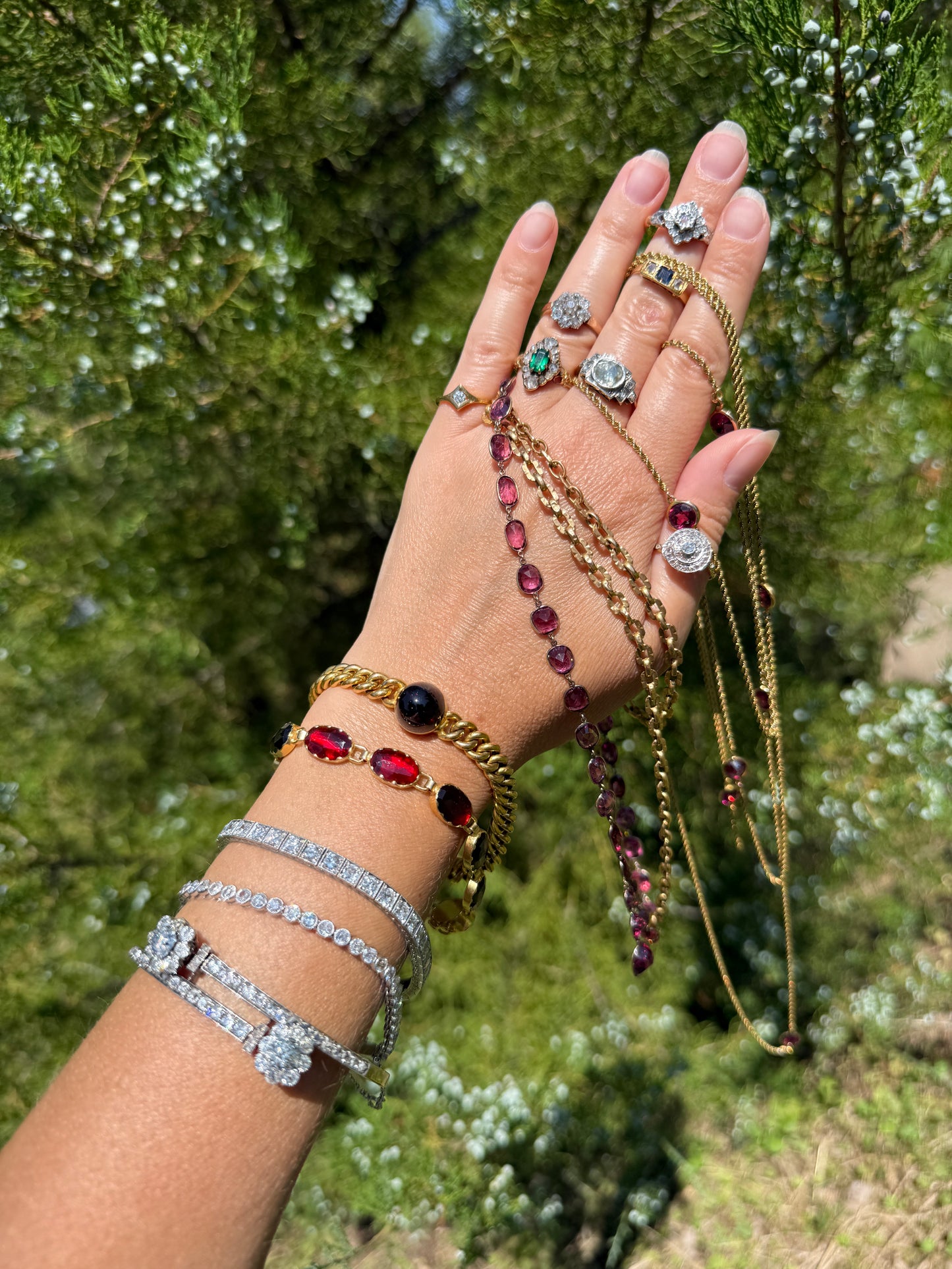 Vintage French Perpignan GARNET Riviere Eternity Bracelet 18k Gold Large Oval Bezel Set Rose Cut Closed Back Glowing Crimson Red Riviera