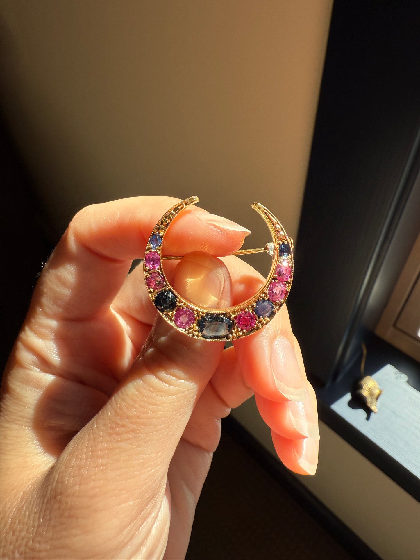 MOON Alternating Pink & Blue SAPPHIRE French Victorian ANTIQUE Pin Brooch for Pendant Romantic Gift Victorian
