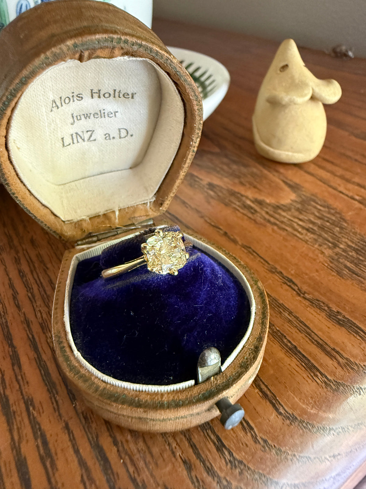 Fancy Brownish Yellow Eye Clean 1.52 Carat Cushion Cut DIAMOND Ring w/ CERT. French Vintage Solitaire 18k Gold Engagement Paris Find