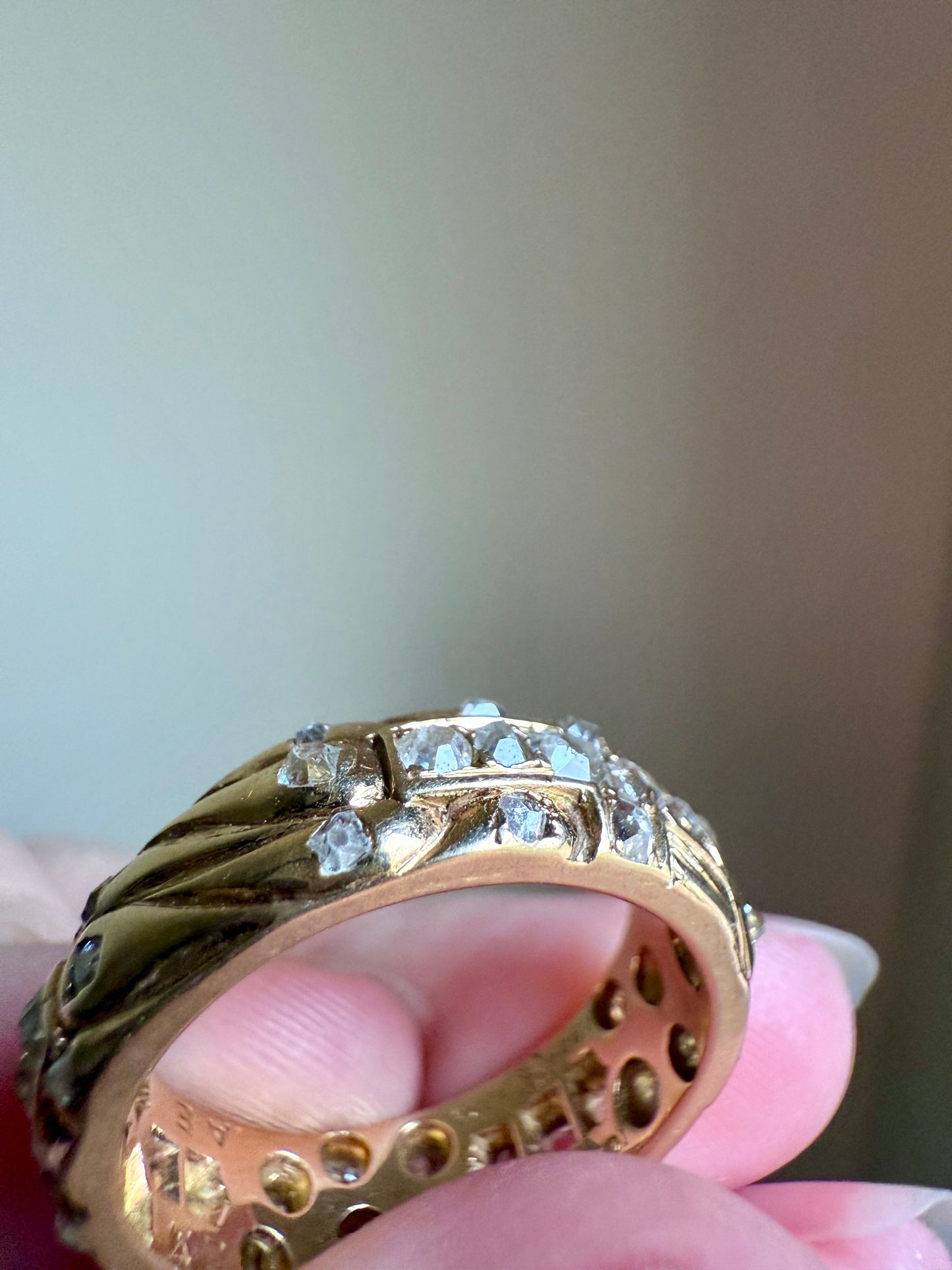 HEAVY One of a Kind Chunky Elongated 1.5ctw Old Mine Cut DIAMOND Encrusted Eternity Band French c1939 Ring 9.6g 18k Gold Anniversary? Dated