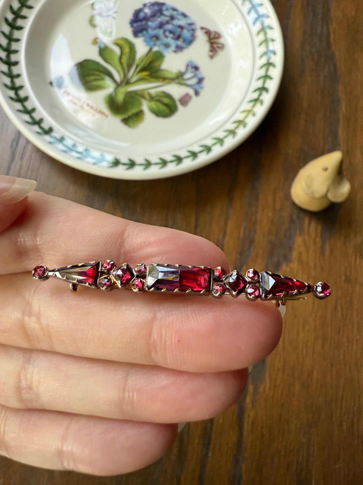 PERPIGNAN Garnet Purple Pink Bar Line Brooch for Pendant Conversion French Antique Victorian 18k Gold Extender Connector Triangle Cut