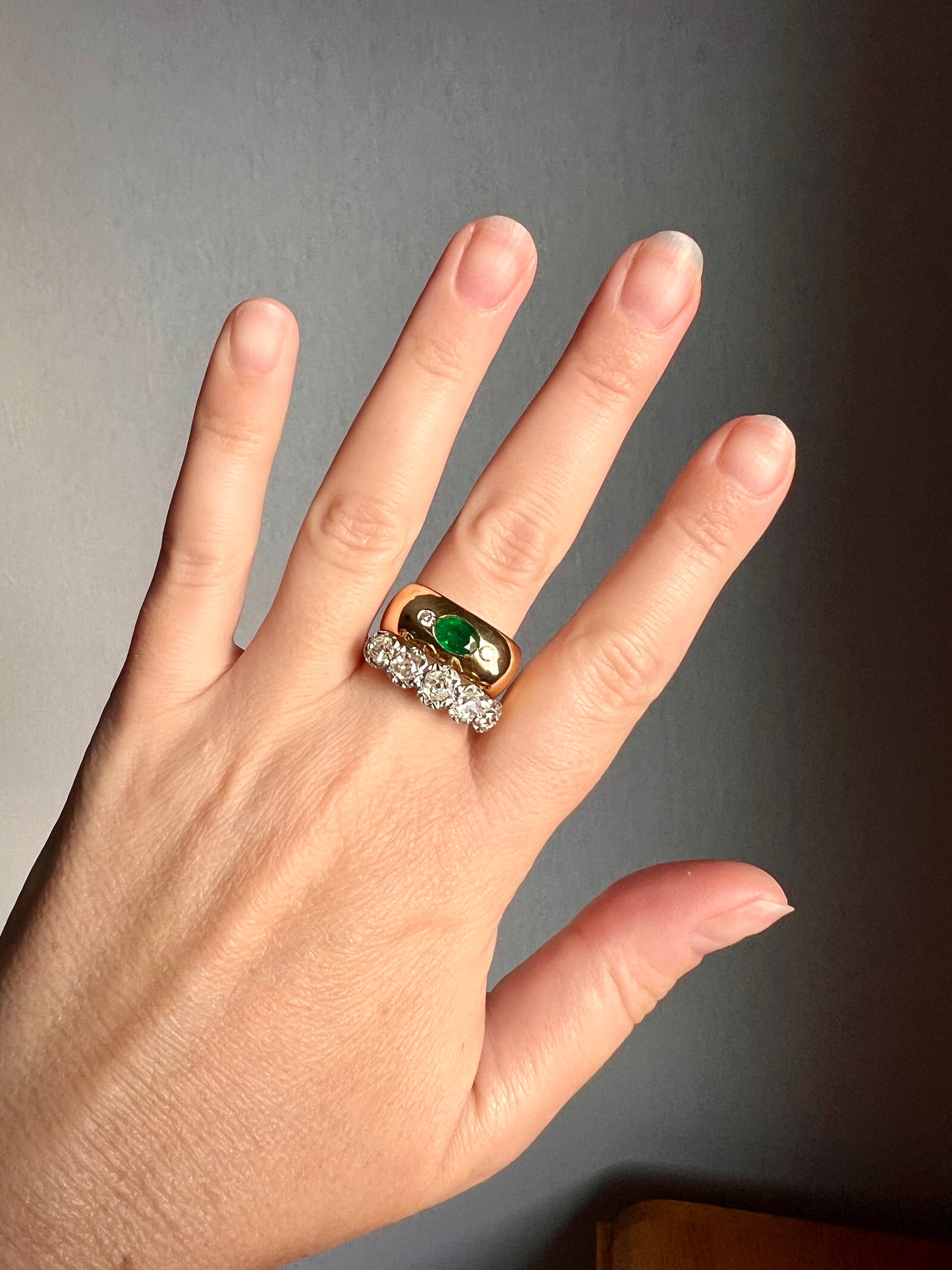 HEAVY Green EMERALD Diamond Vintage Three Stone Gypsy Ring French 18k Gold Chunky Wide Square Band Natural Unisex