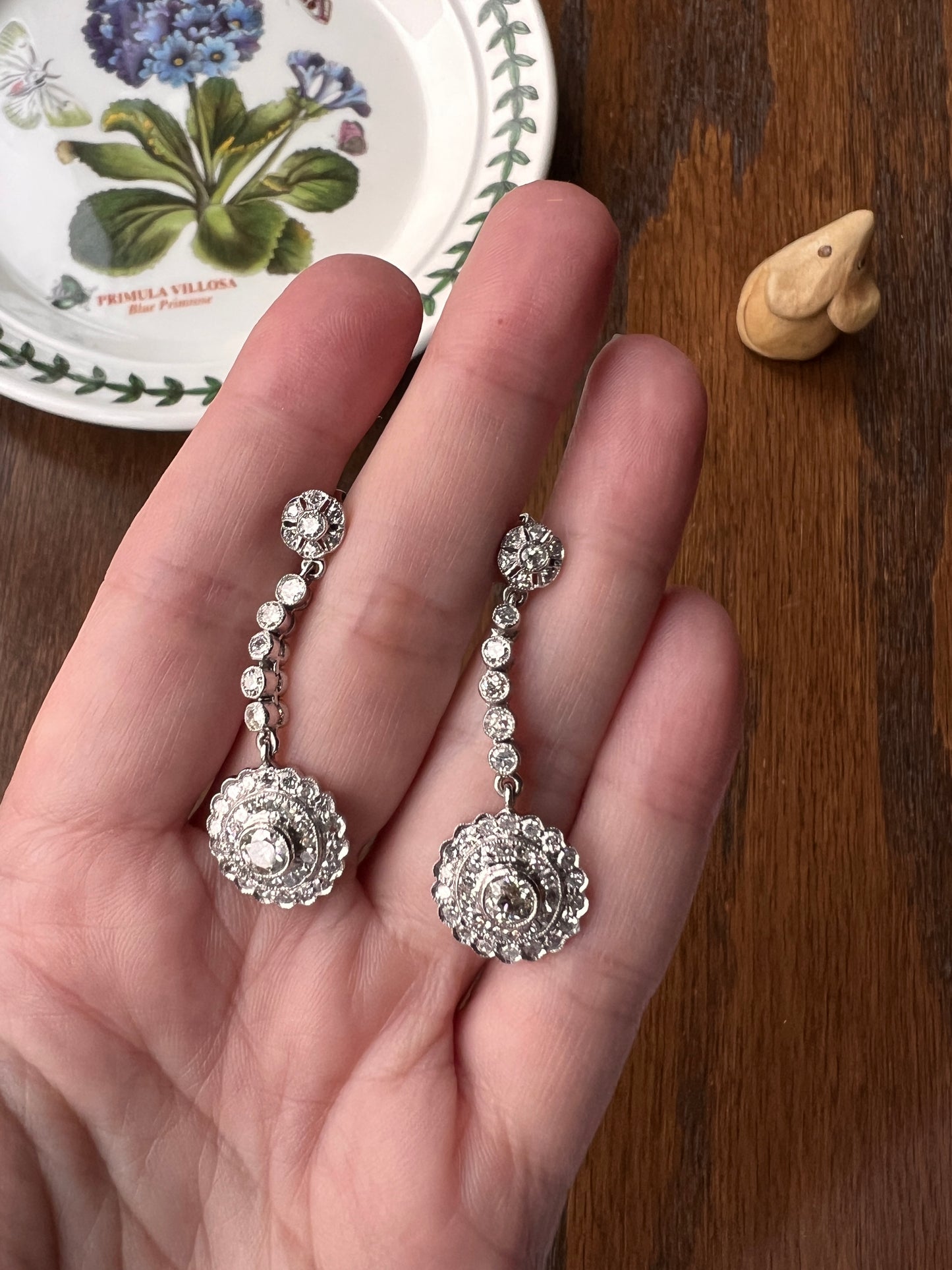 Antique 4 Carats Tdw Old Mine Single Cut DIAMOND Cluster Dangle Earrings 18k White Gold Bullseye Halo