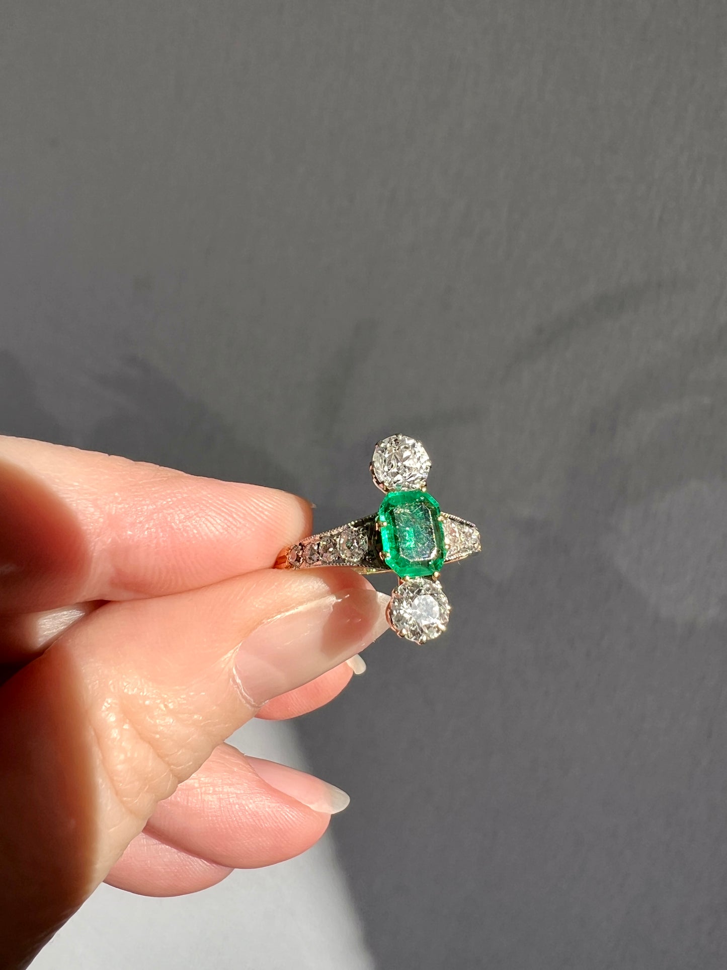 Antique Old Octagon Cut EMERALD 1.5 Carat Old Mine Cut Diamond Line Ring Edwardian Stacker Gift French 18k Gold Platinum Old Step Cut Octagonal