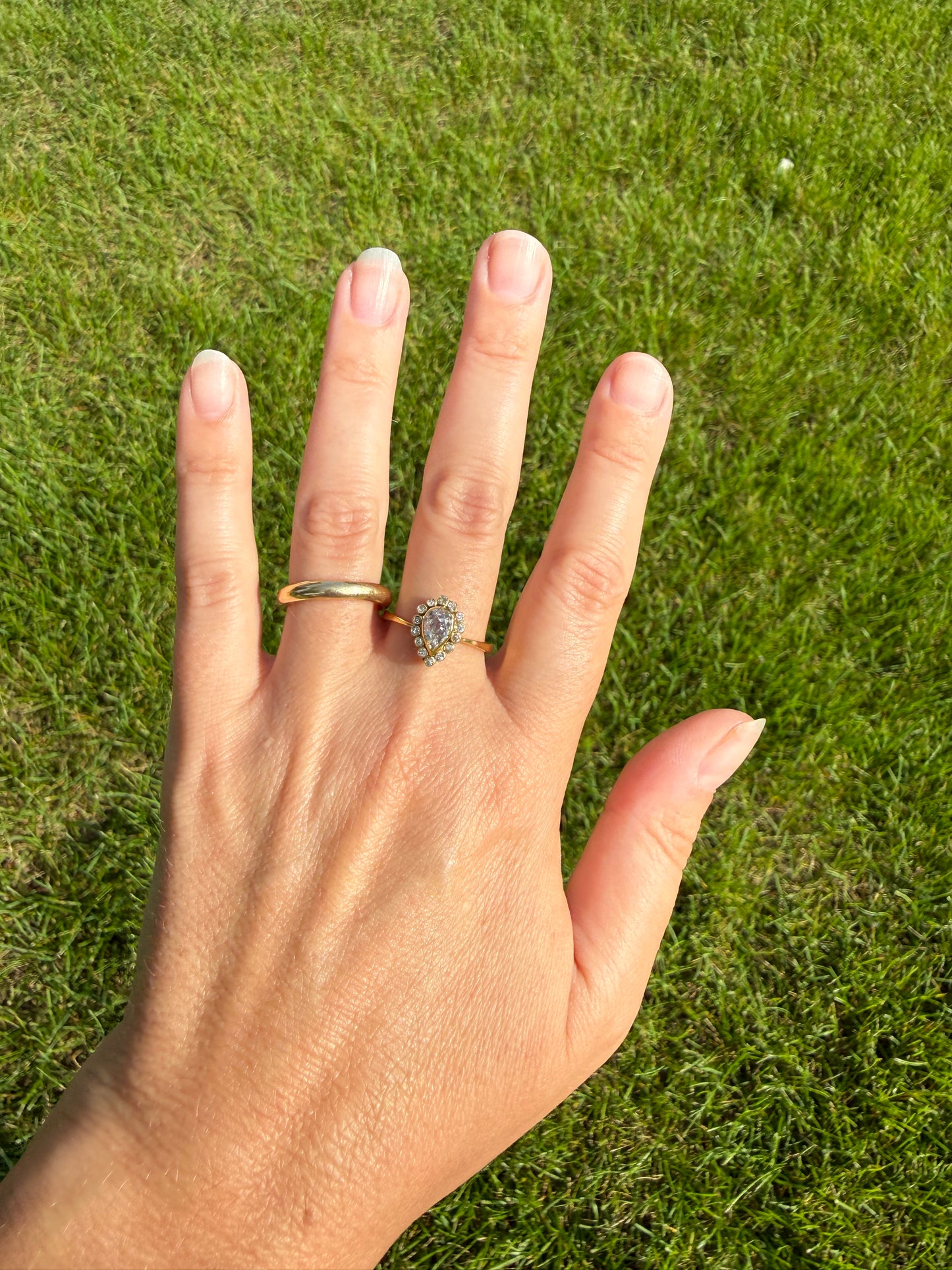 Vintage Halo Ring with Chunky .6 Carat Antique Old Mine Cut PEAR Diamond Eye Clean & Old Single Cuts Bezel Set Ring Teardrop Stacker