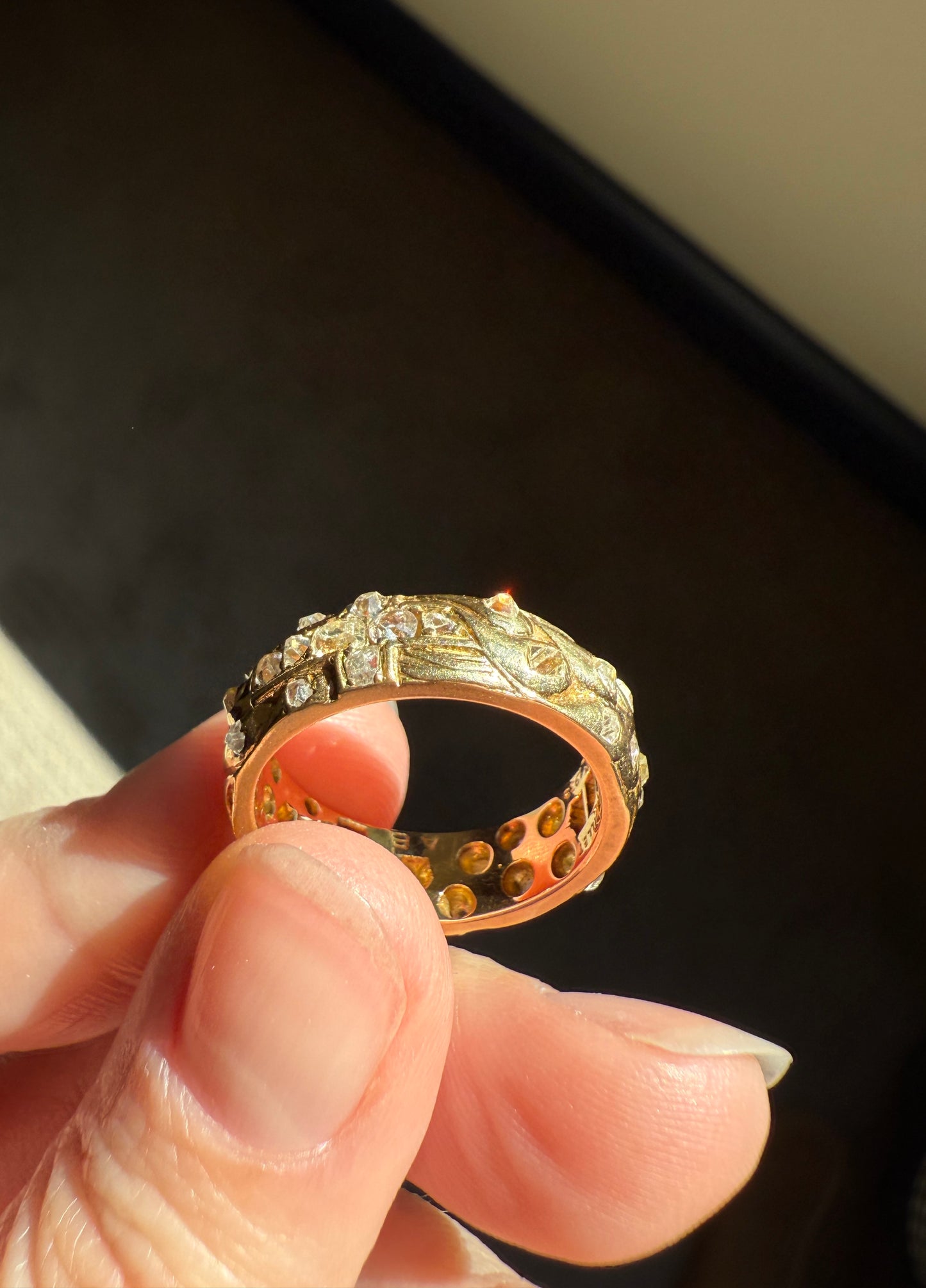 HEAVY One of a Kind Chunky Elongated 1.5ctw Old Mine Cut DIAMOND Encrusted Eternity Band French c1939 Ring 9.6g 18k Gold Anniversary? Dated