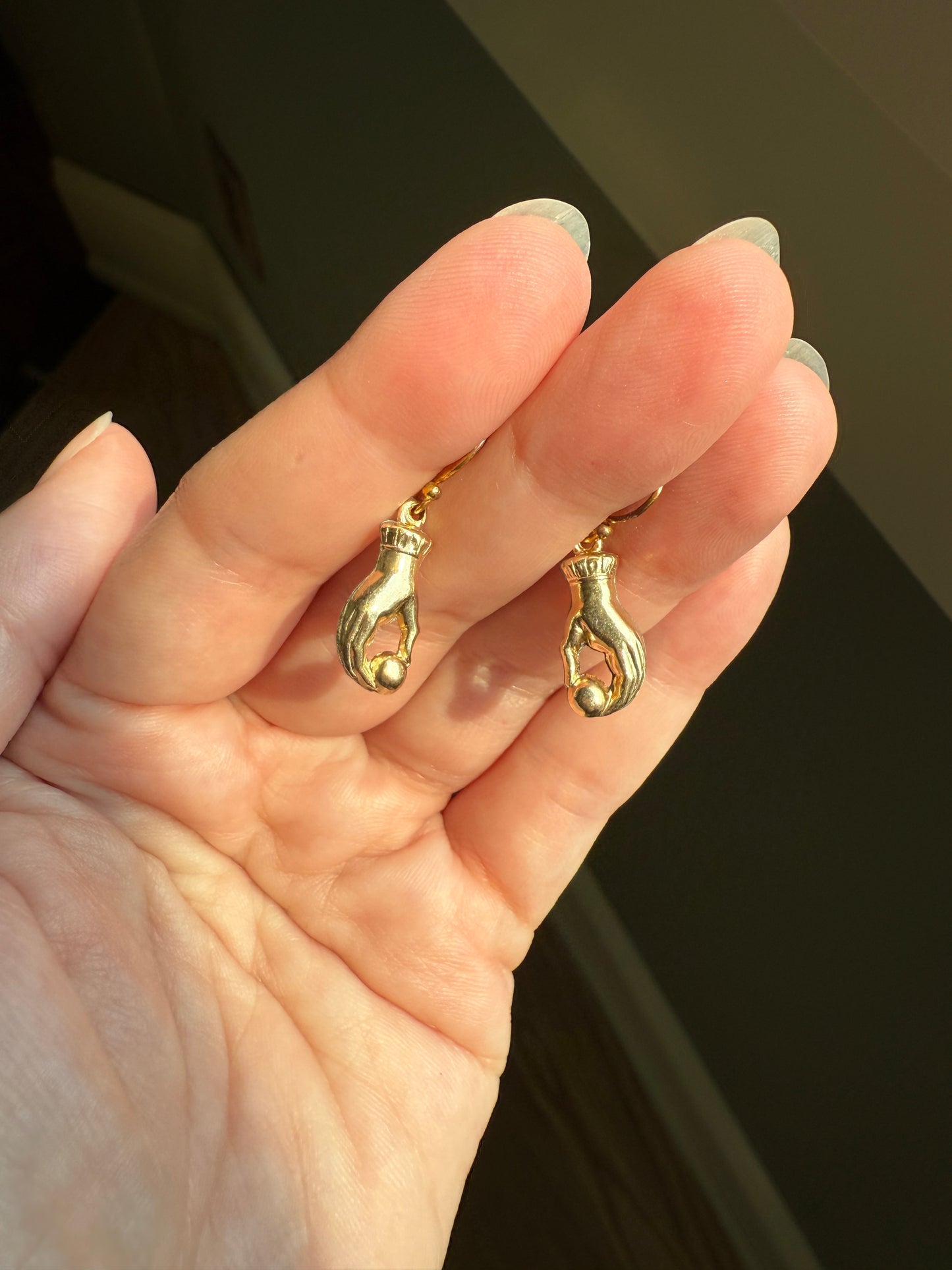 Antique Figural HAND Holding Ball Jester? Cuff Dangle Earrings 10k Gold Cased & GF Unique