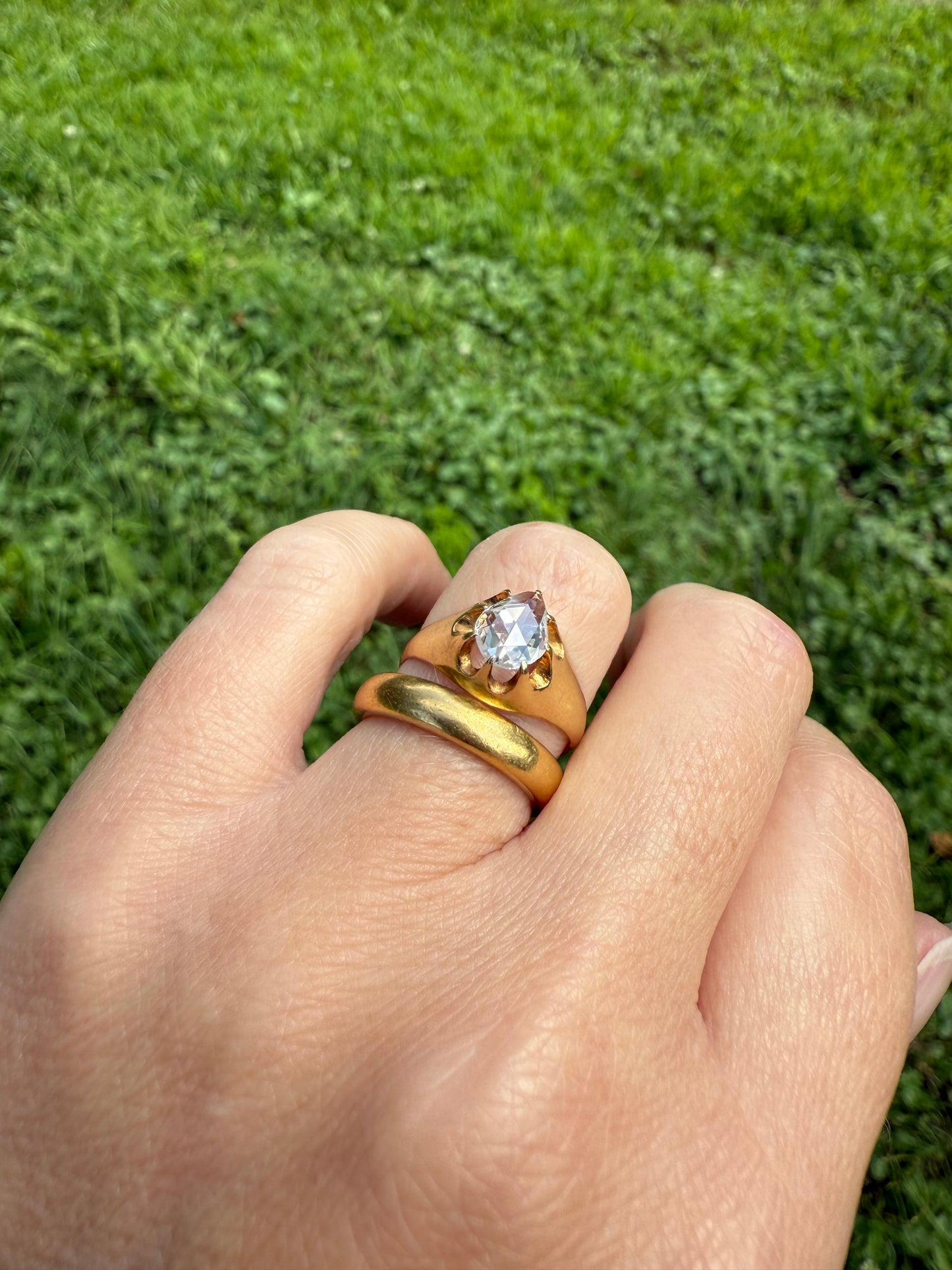 Special PEAR Open Back Rose Cut DIAMOND Original Antique Solitiare 18k Gold Buttercup Belcher Glowing Setting