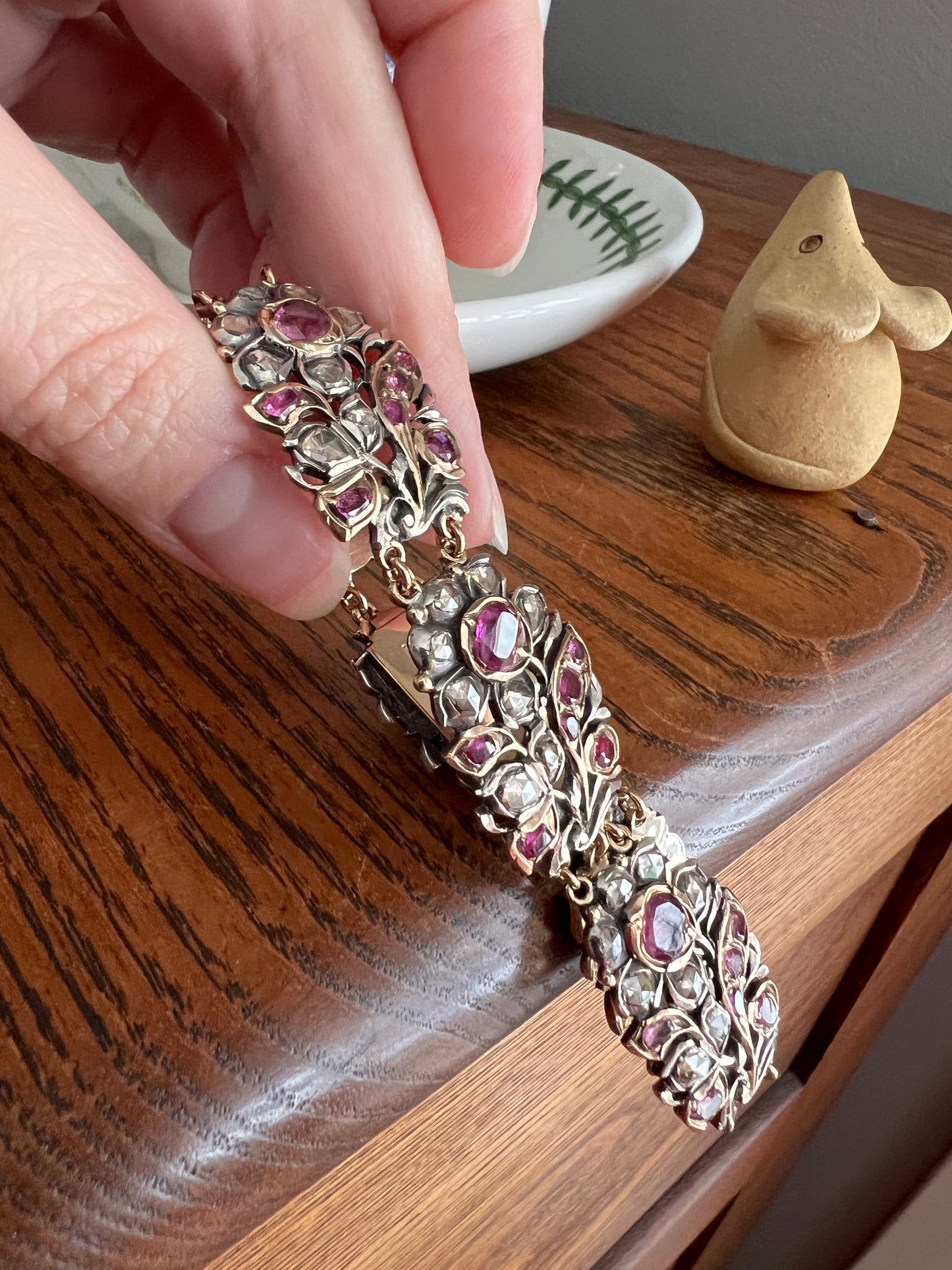 RARE Floral GIARDINETTI Antique Bracelet Flat Cut Ruby Pink Sapphire Rose Cut DIAMOND Figural Link Bracelet Georgian 14k Gold Silver