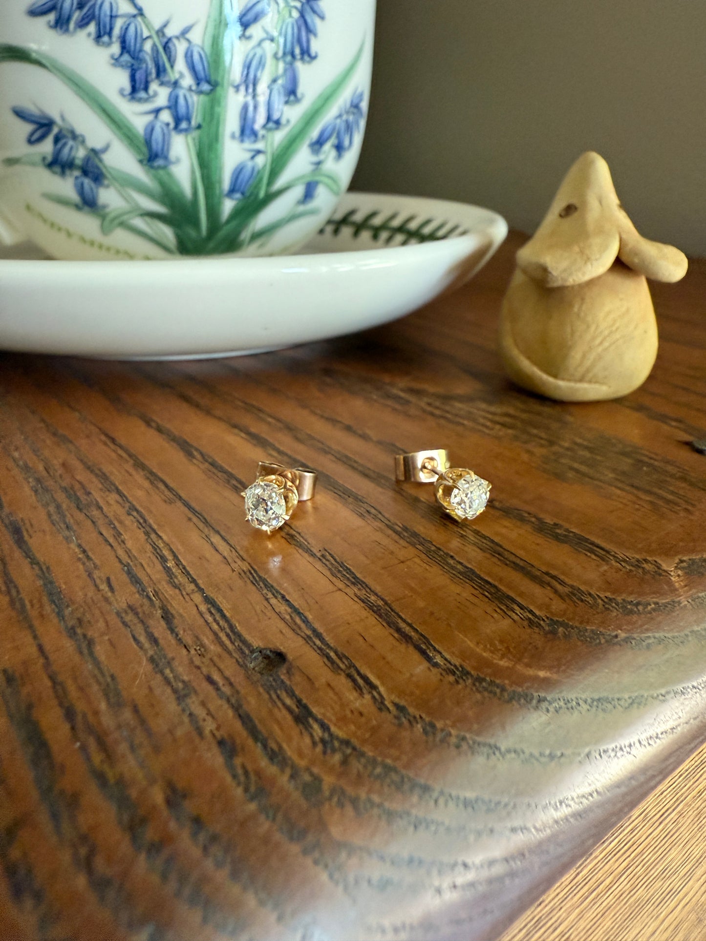 Antique 1 Carat 1Ctw. Cushion Cut Old Mine Cut DIAMOND Stud Earrings 18k GOLD Setting 9k Backs