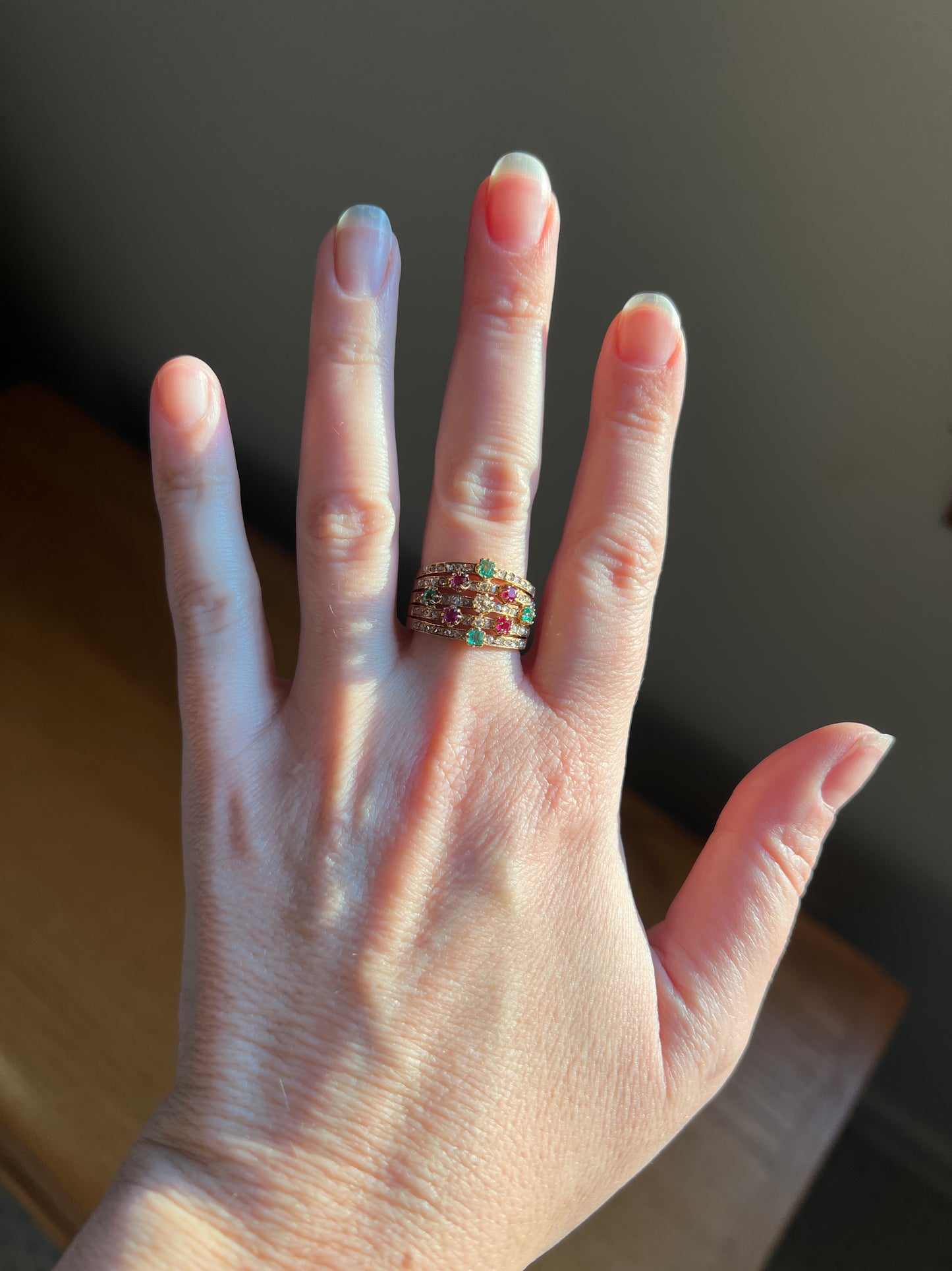 Antique Rose & Old Mine Cut Diamond Old Cut Natural RUBY Emerald Multi Band Ring Harem Victorian French 18k Gold