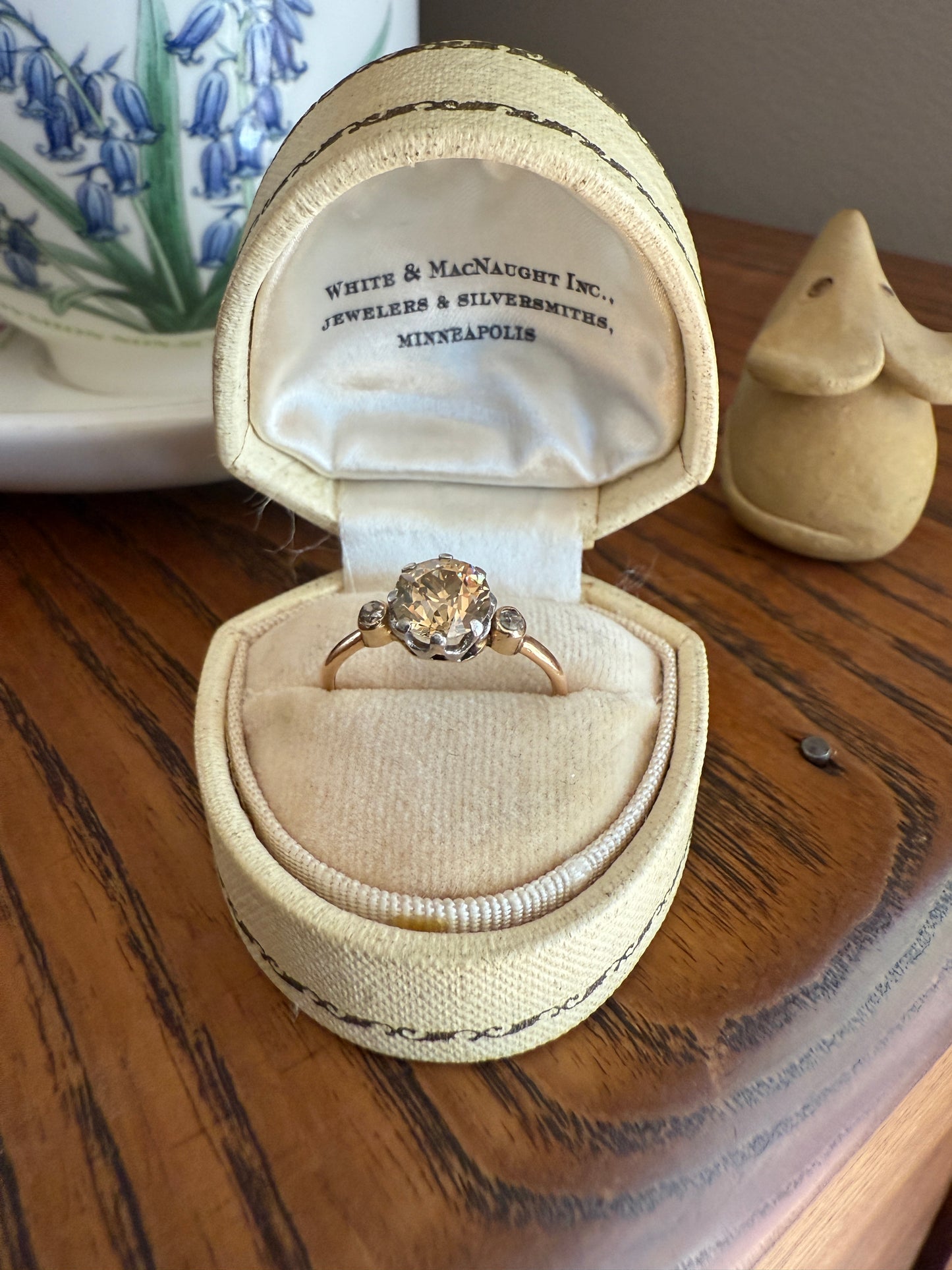 Antique Eye Clean Color Change 1.5 Carat Antique Fancy Champagne Green Yellow Old Mine Cut DIAMOND Solitaire Ring Three Stone 18k Gold