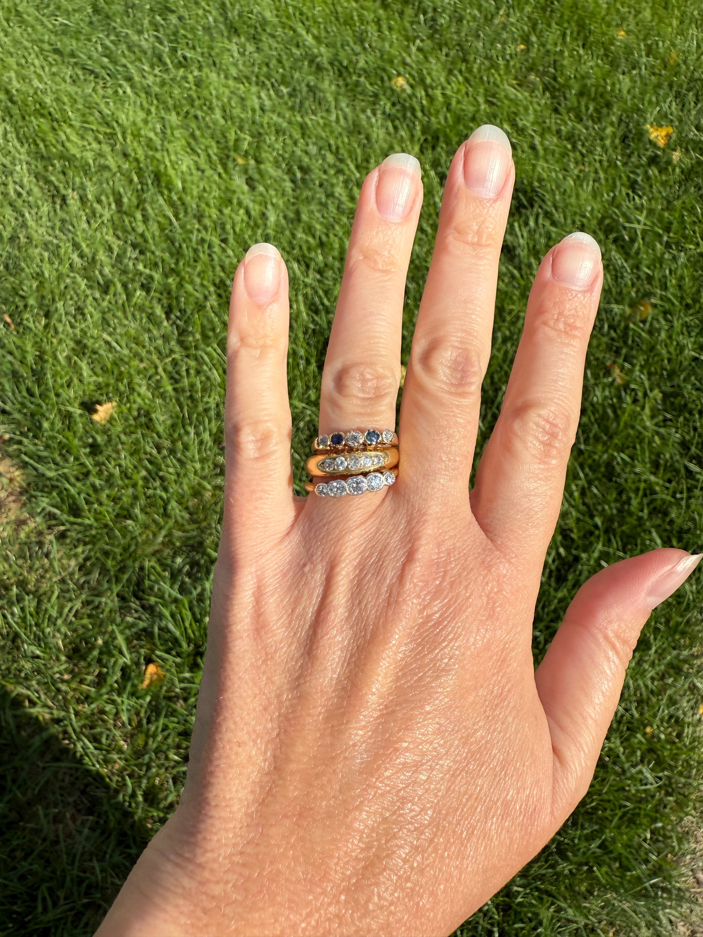 Antique Bezel Set Five Stone 0.6 Carat Old Mine Cut Diamond Ring 18k Skinny Band Stacker