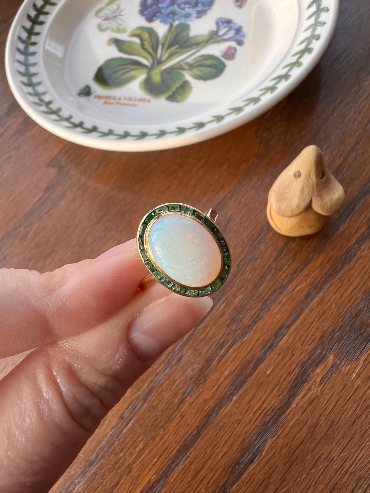 BLUE Opal Carre Cut EMERALD HALO Ring Antique 18k Gold Oval Geometric Bullseye Target Green Victorian