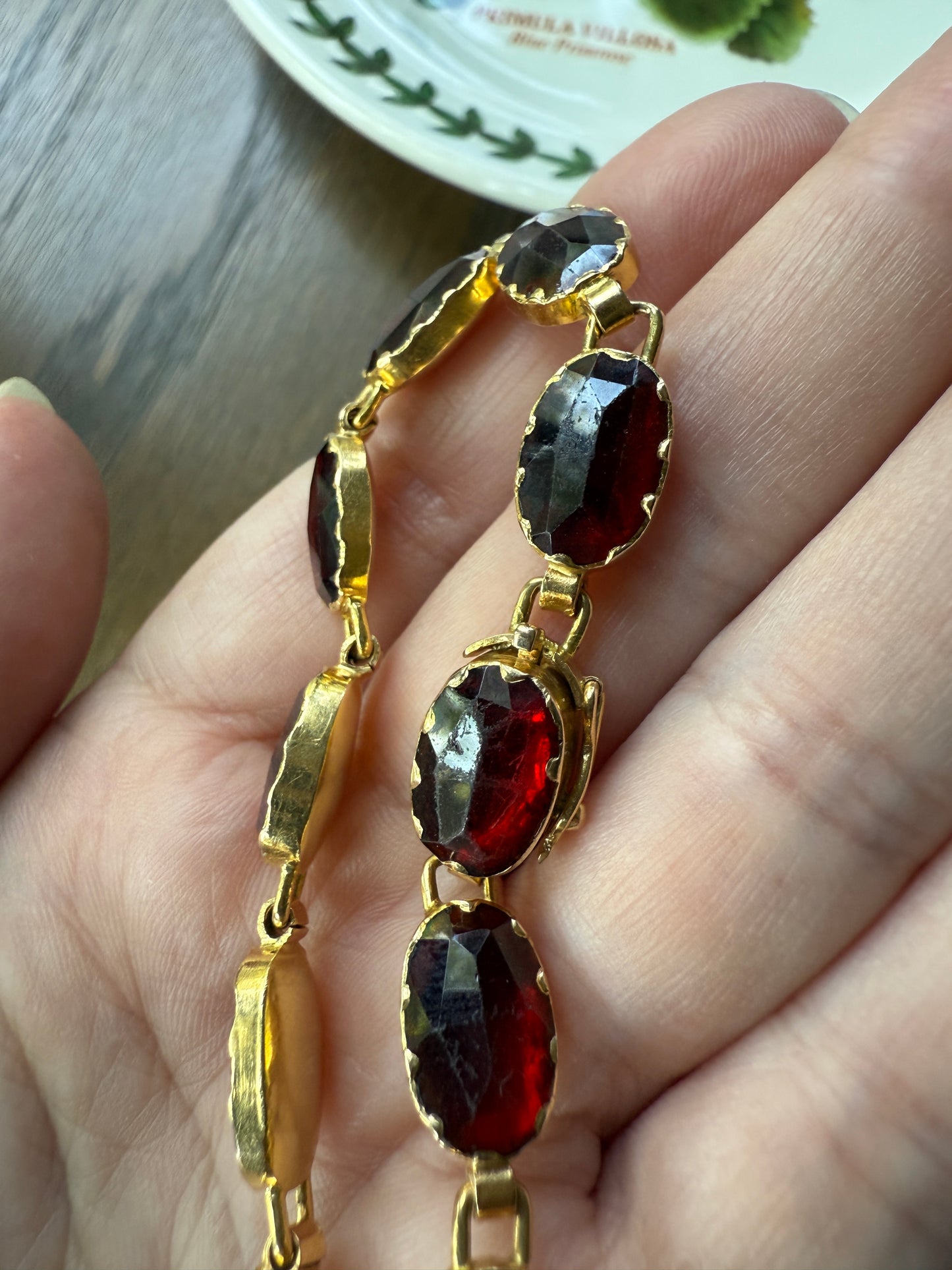 Vintage French Perpignan GARNET Riviere Eternity Bracelet 18k Gold Large Oval Bezel Set Rose Cut Closed Back Glowing Crimson Red Riviera