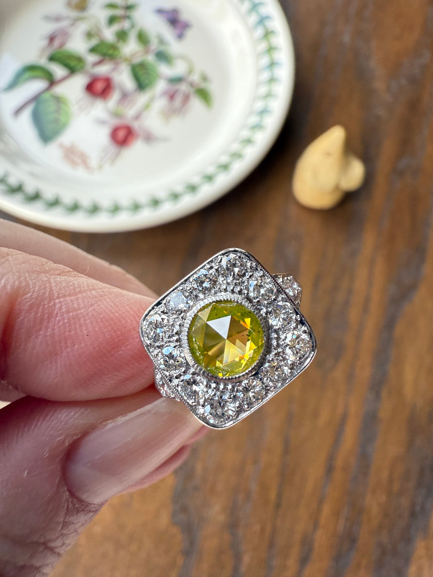Vintage .8 Carat Fancy Greenish Yellow Natural ROSE CUT Diamond 1.8 Ctw Transitional Cut Boxed Cobblestone Panel Ring Platinum Lemon Lime