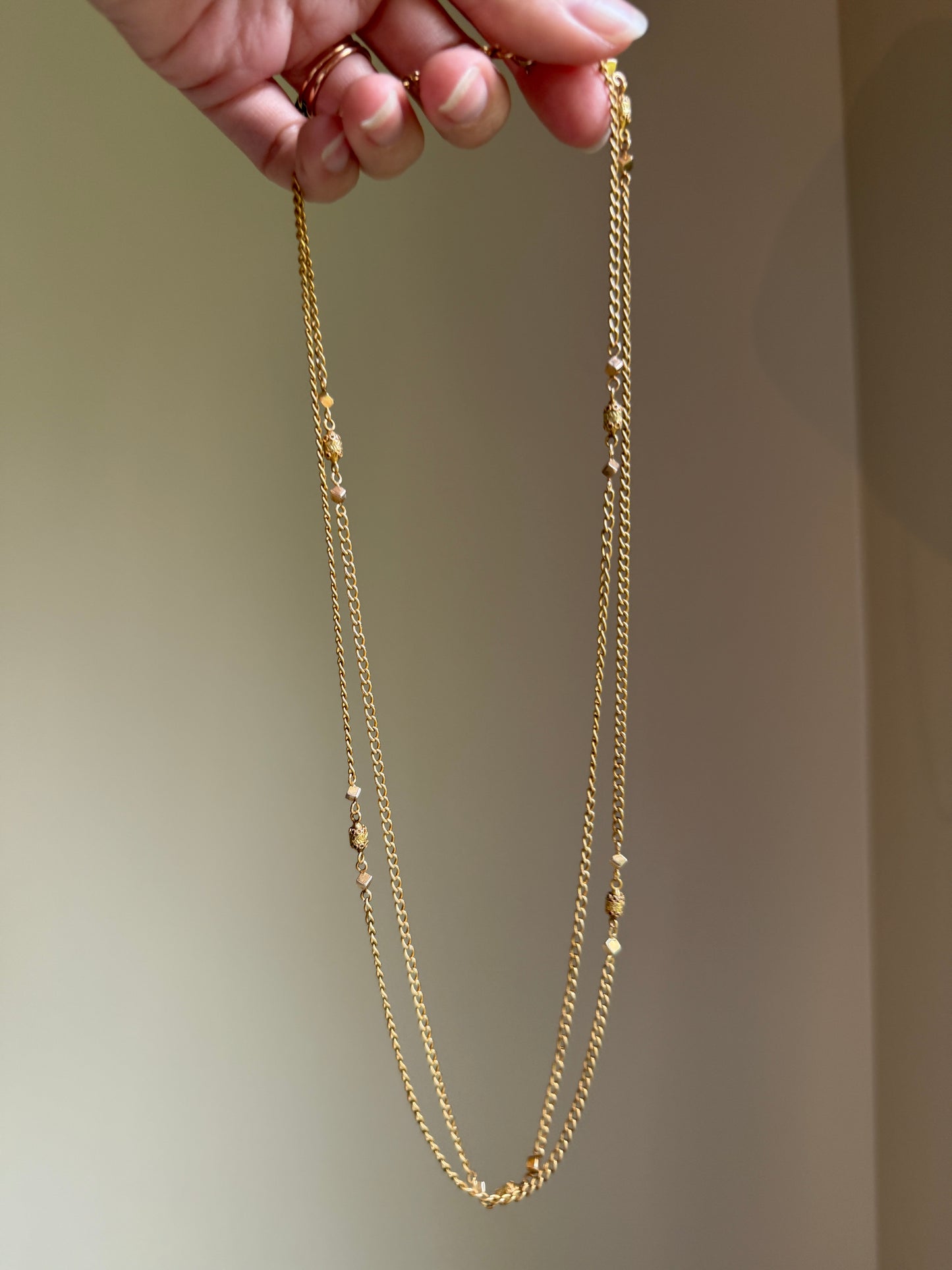 CUBE & Tricolor Oval French VICTORIAN Green 18k Gold 11.2g Extra Long Guard Cable Link Muff Double Chain Necklace Pendant Holder Bracelet