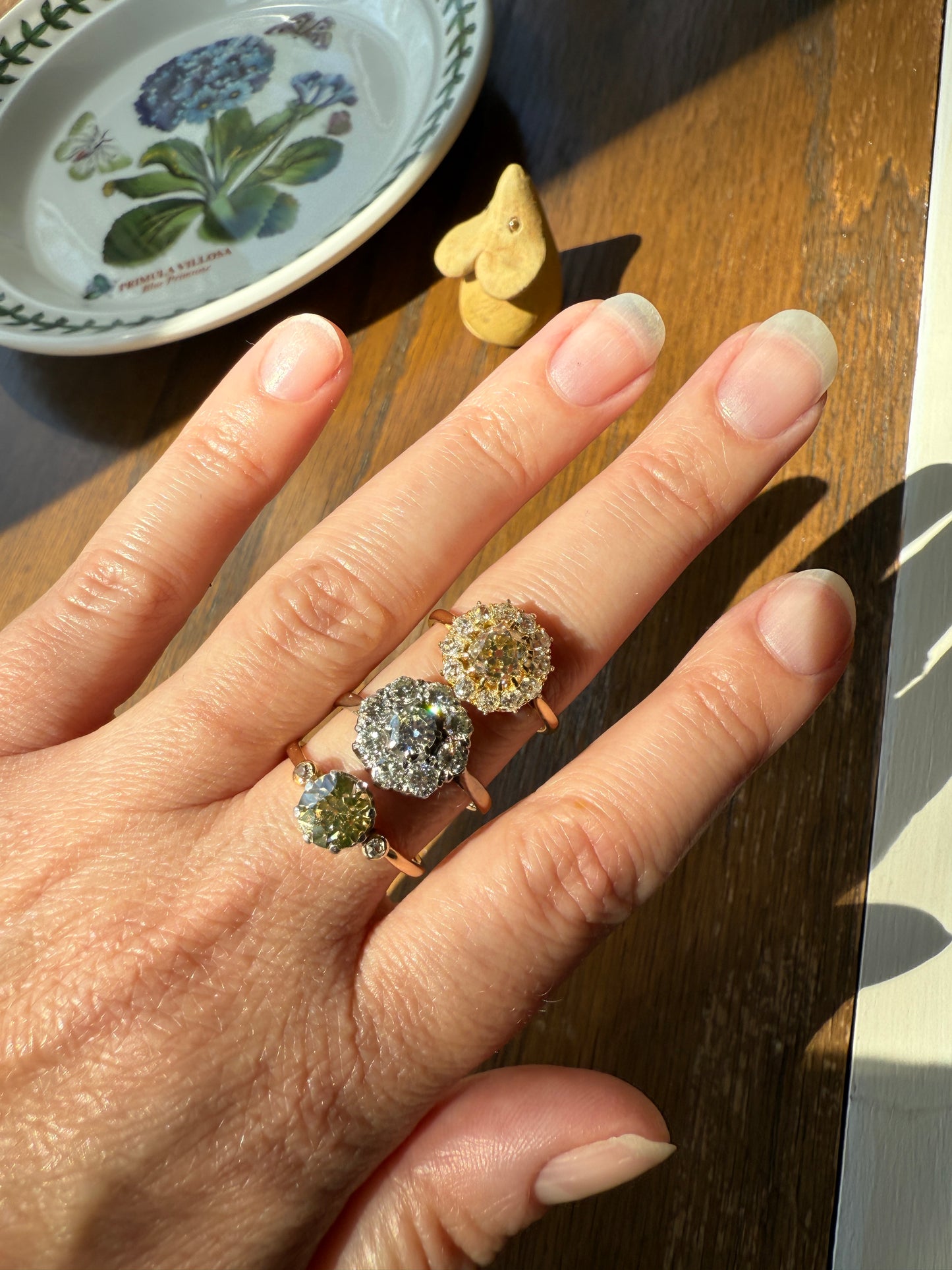 Antique Eye Clean Color Change 1.5 Carat Antique Fancy Champagne Green Yellow Old Mine Cut DIAMOND Solitaire Ring Three Stone 18k Gold