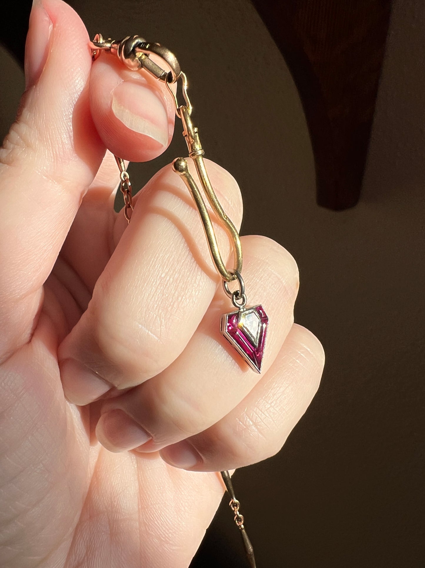 PENTAGON Antique RARE 5 Sided Kite Lozenge Old Cut DIAMOND 18k White Gold Eye Clean Pendant Art Deco Pink Ruby Halo One of Kind Gift Charm