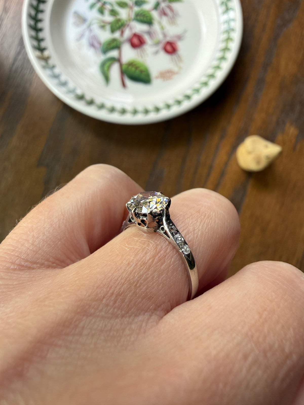 Antique Art Deco One Carat + Natural Old European Cut DIAMOND Solitaire Engagement Ring Old Mine Stacker 18k White Gold Wedding