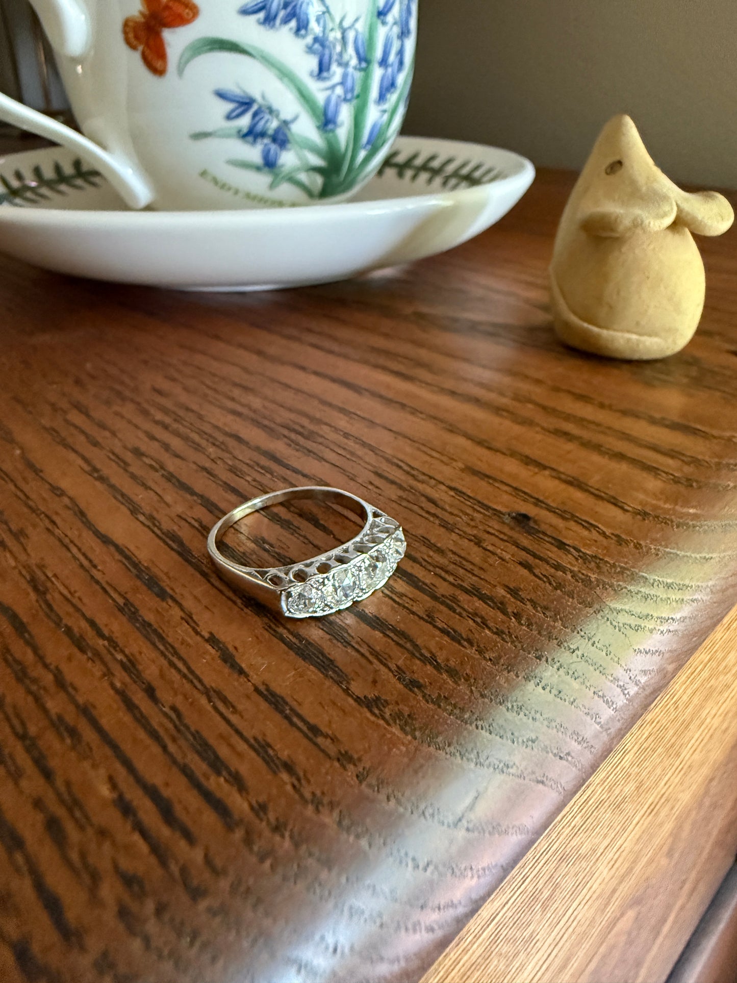 Antique 1.25 Carat Eye Clean Four Stone Old Mine Cut Diamond 18k White Gold French Band