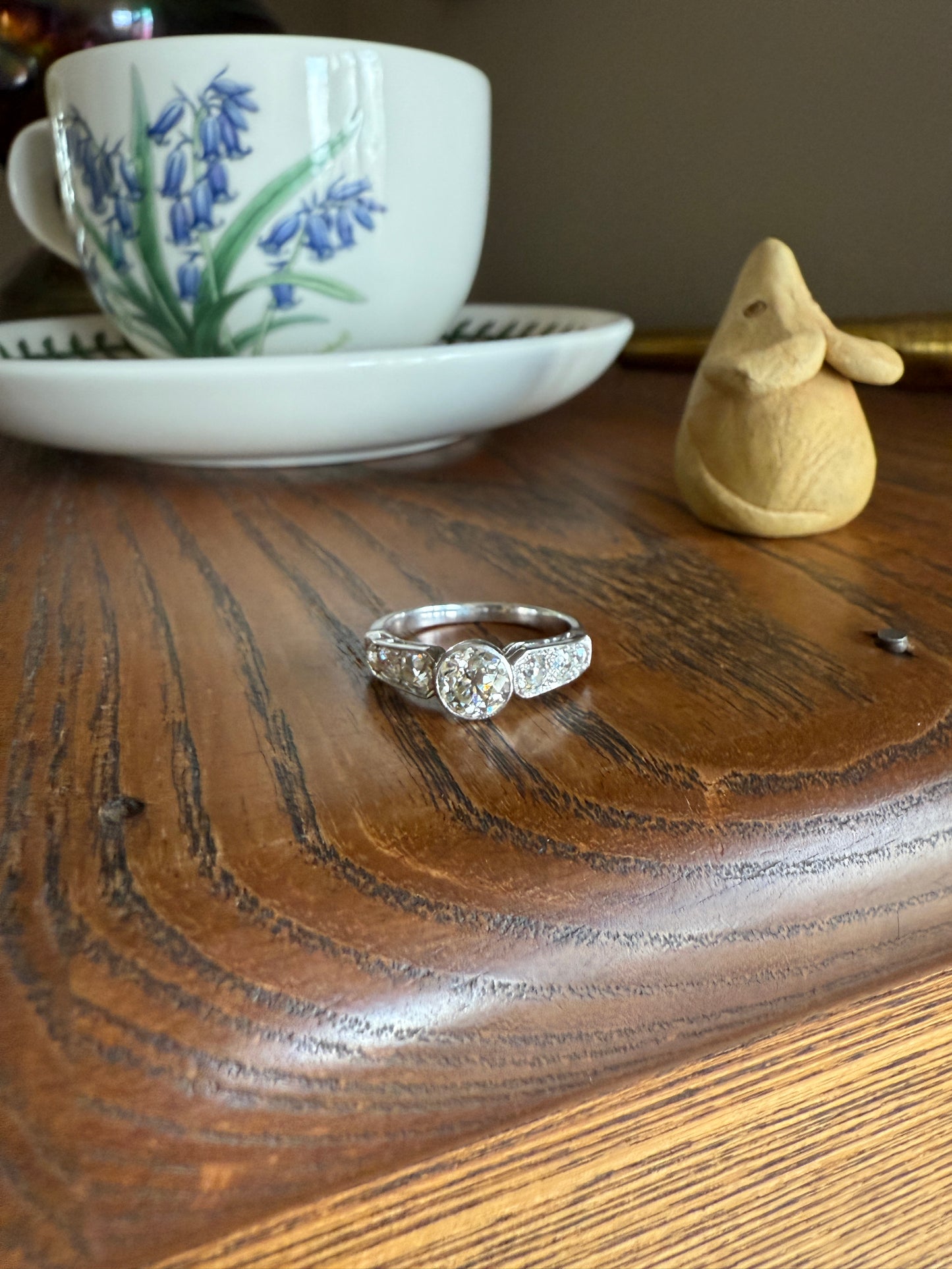 Art Deco Antique Bezel Set Eye Clean 1.85 Carat Tdw Old Mine Cut Diamond Seven Stone Solitaire w/ Accents 18k White Gold & Platinum