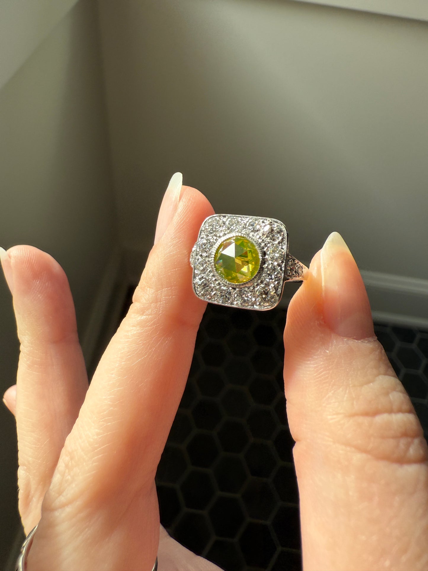 Vintage .8 Carat Fancy Greenish Yellow Natural ROSE CUT Diamond 1.8 Ctw Transitional Cut Boxed Cobblestone Panel Ring Platinum Lemon Lime
