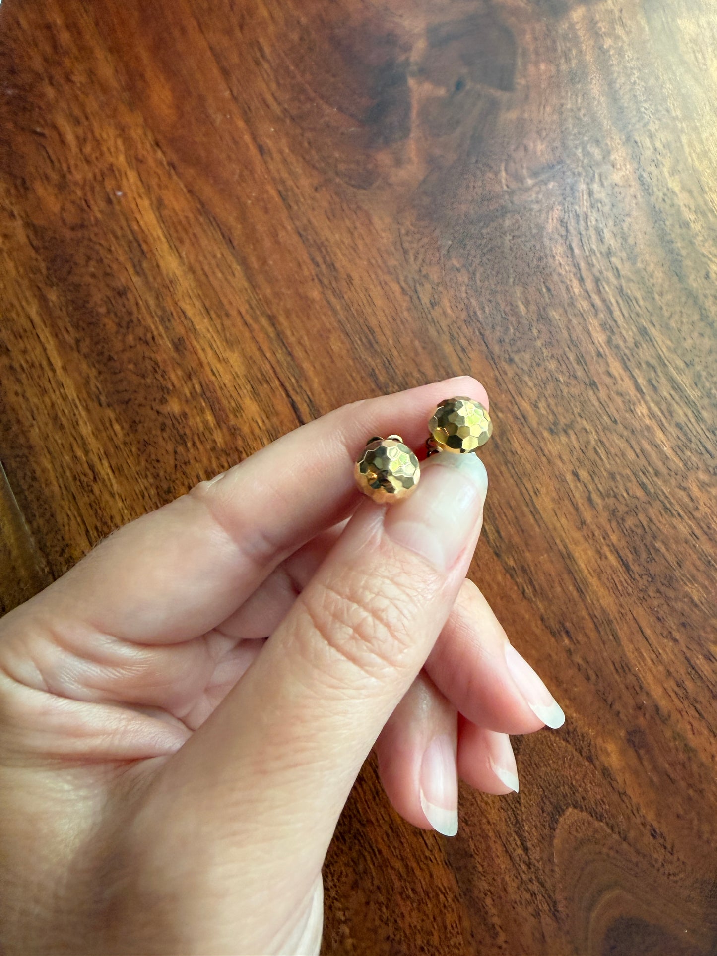 French Vintage - Antique Gold Faceted Bead 3D Button Studs Vintage 18k GOLD Solid EARRINGS Earstack Geodesic Dome Disco Ball Shimmer