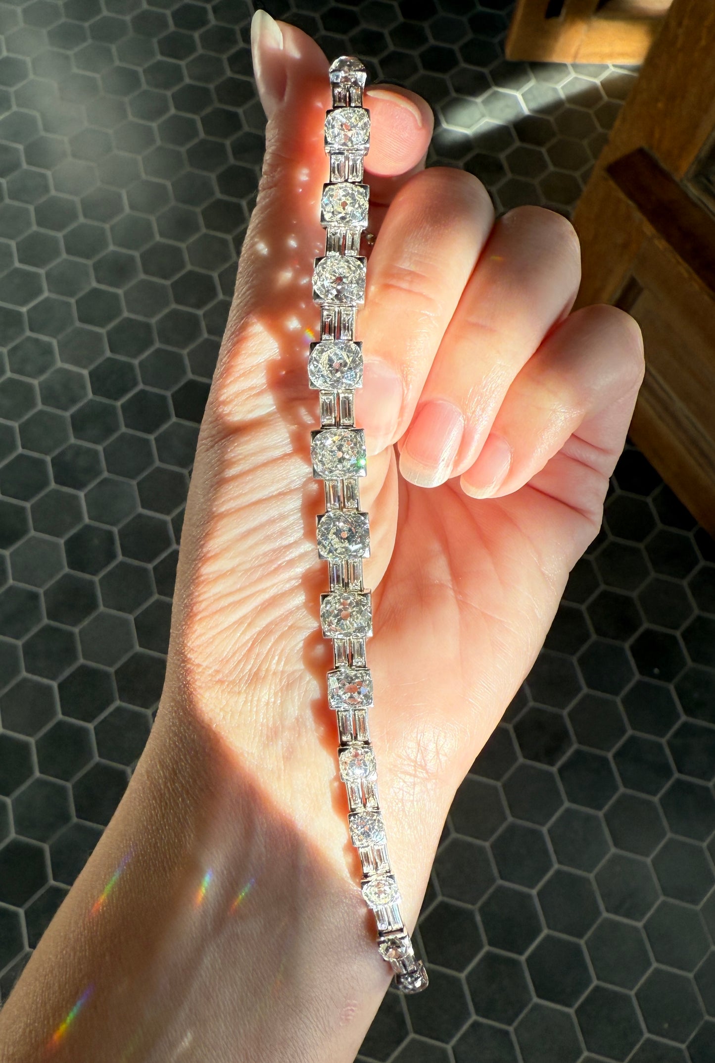 Art Deco 22 CARATS Old Mine Cut DIAMOND Baguette Spacers Tennis Line Bracelet Boxed French Antique 18k White Gold Wriststack OMC Eye Clean