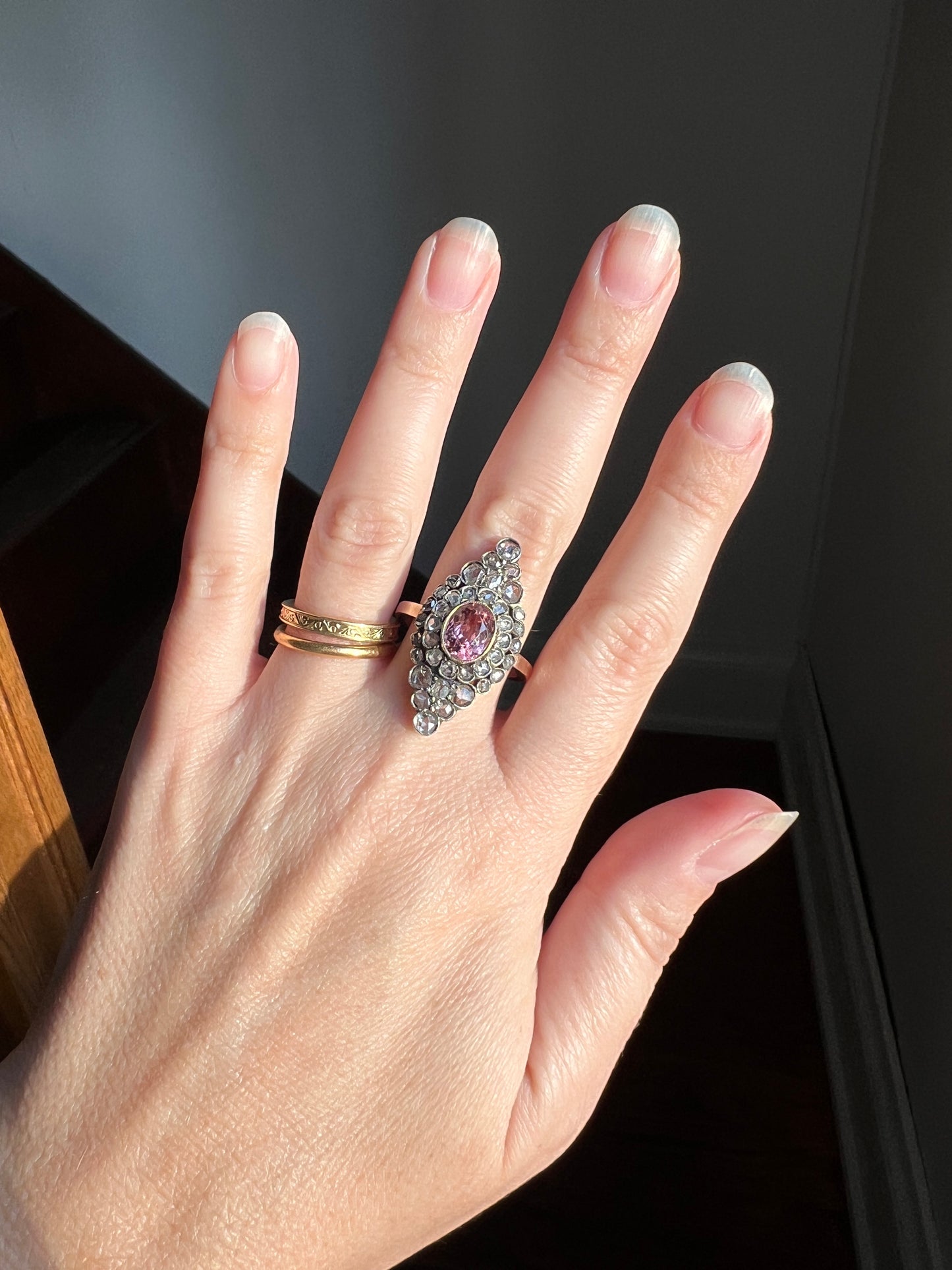 Pink TOURMALINE 2 Carats Rose Cut DIAMONDS XL Antique Navette Ring 14k Gold Platinum Tiered Halo Cluster