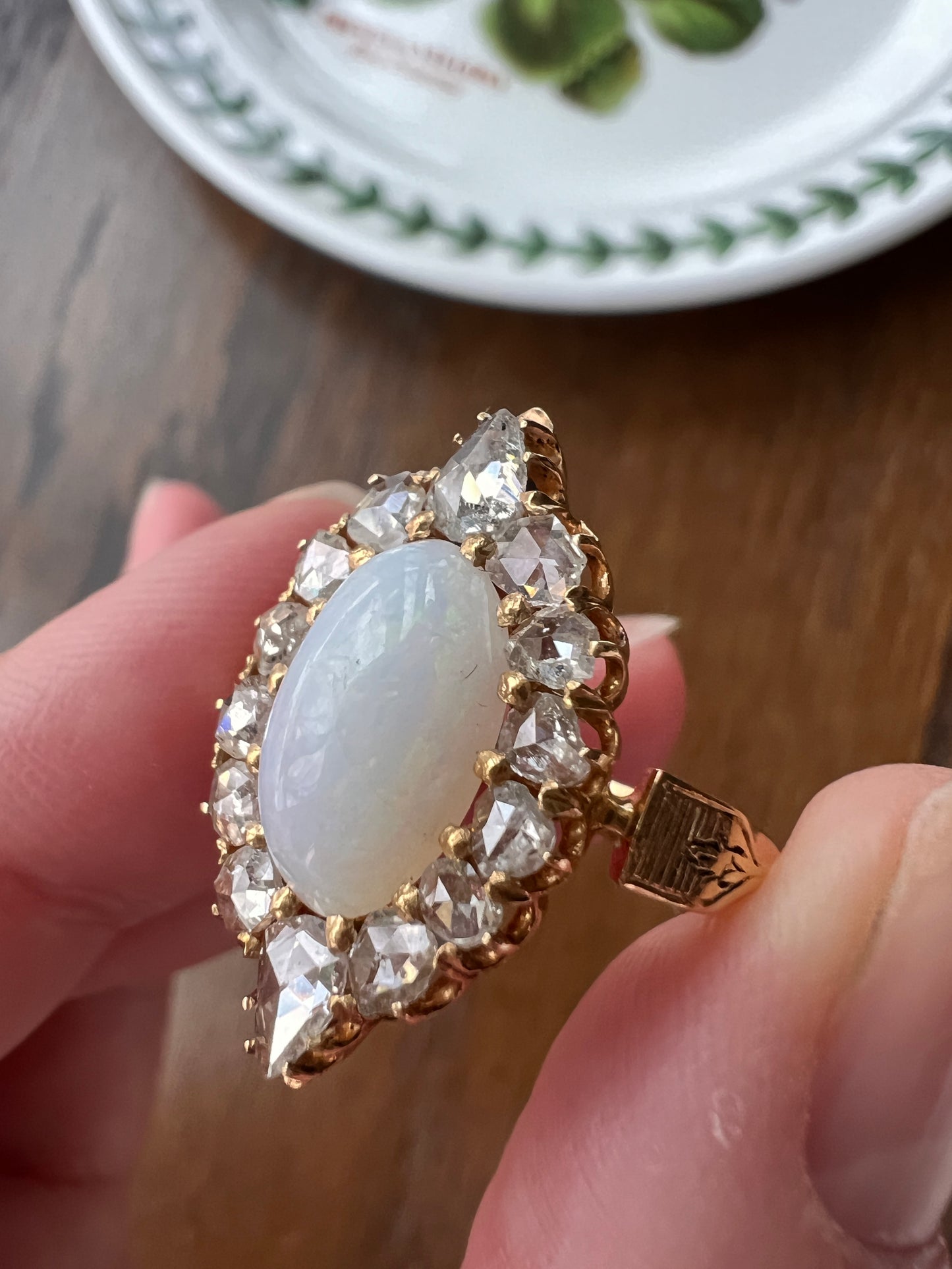 PEAR 1 Carat Rose Cut Diamond Halo Large OPAL French Antique Belle Epoque Ring 18k Gold Gift Belle Epoque