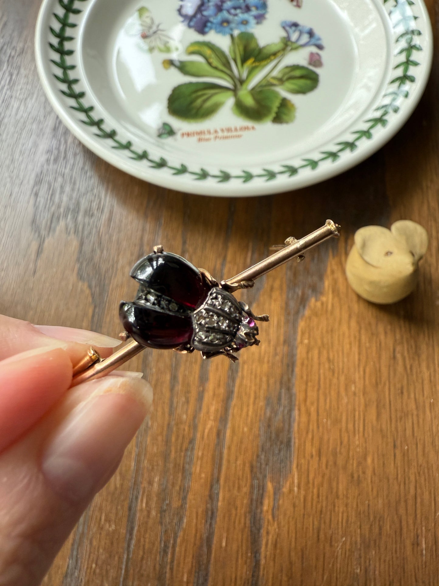 Ladybug BUG Beetle GARNET Wing Rose Cut Diamond French Antique Victorian Figural Pin Brooch for Pendant 18k Gold