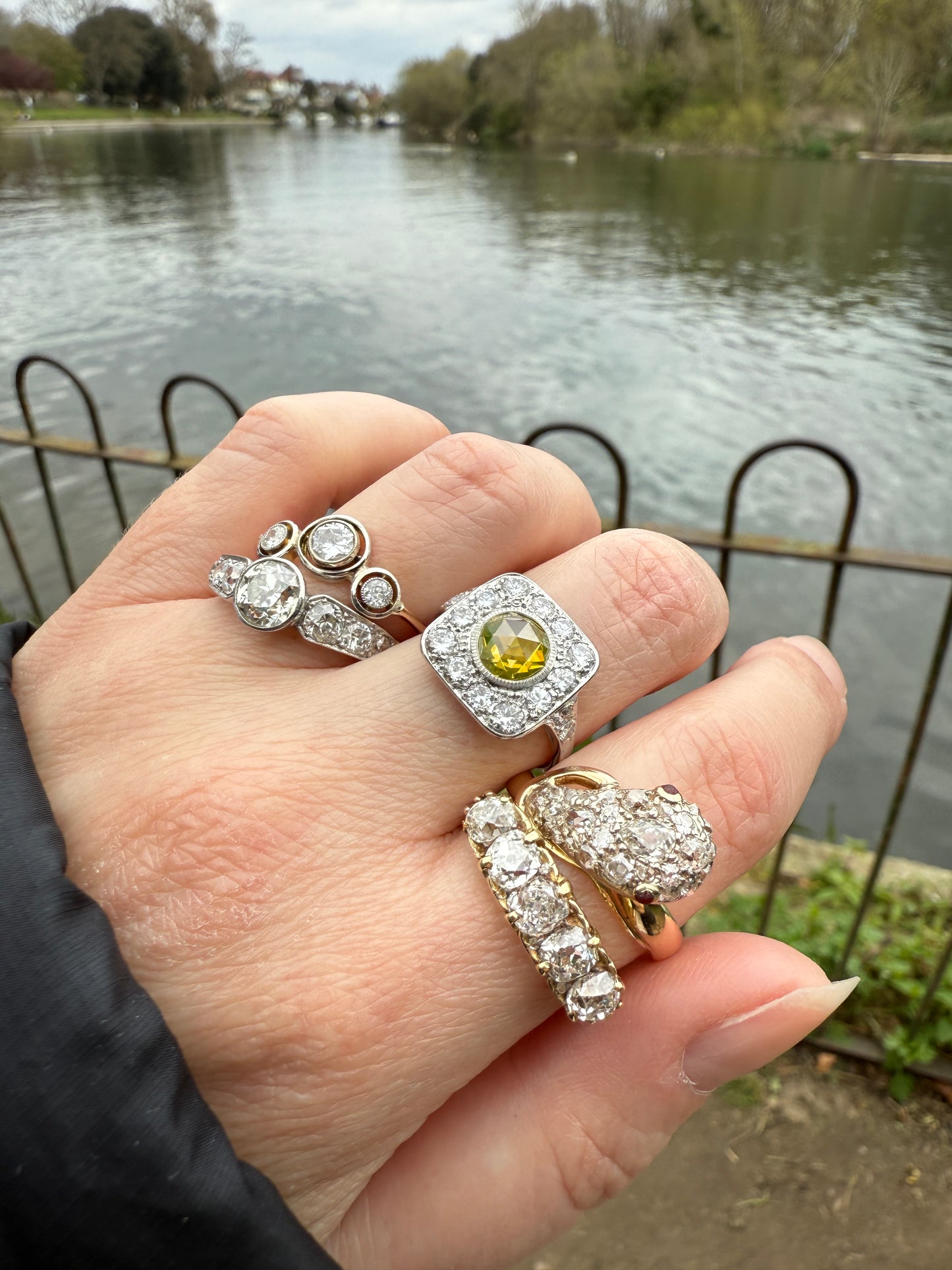 Vintage .8 Carat Fancy Greenish Yellow Natural ROSE CUT Diamond 1.8 Ctw Transitional Cut Boxed Cobblestone Panel Ring Platinum Lemon Lime