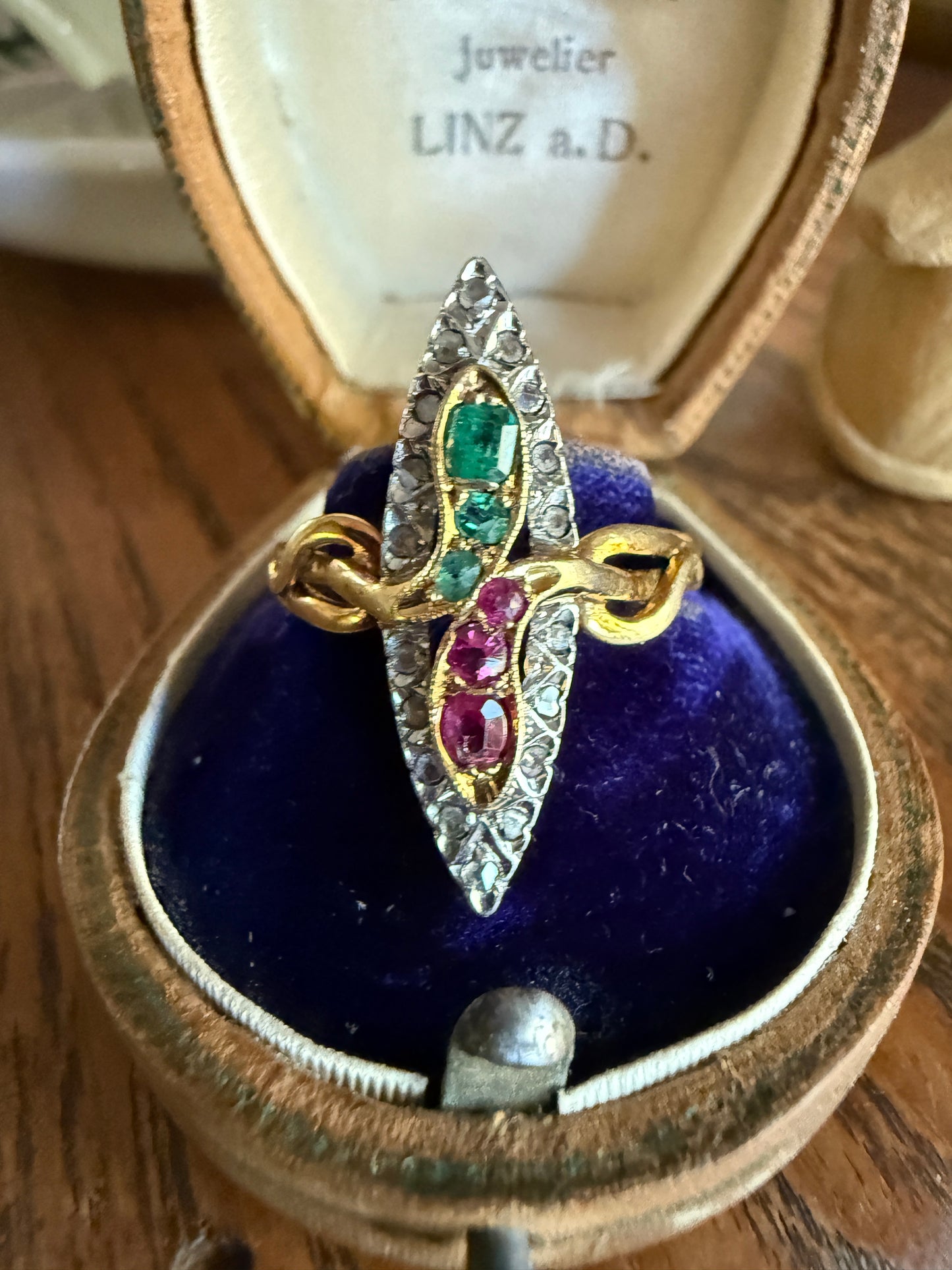 Double SNAKES Antique Ring Natural Ruby Emerald Rose Cut DIAMOND Halo Navette Ring 18k Gold Platinum Red Green Victorian Love Gift
