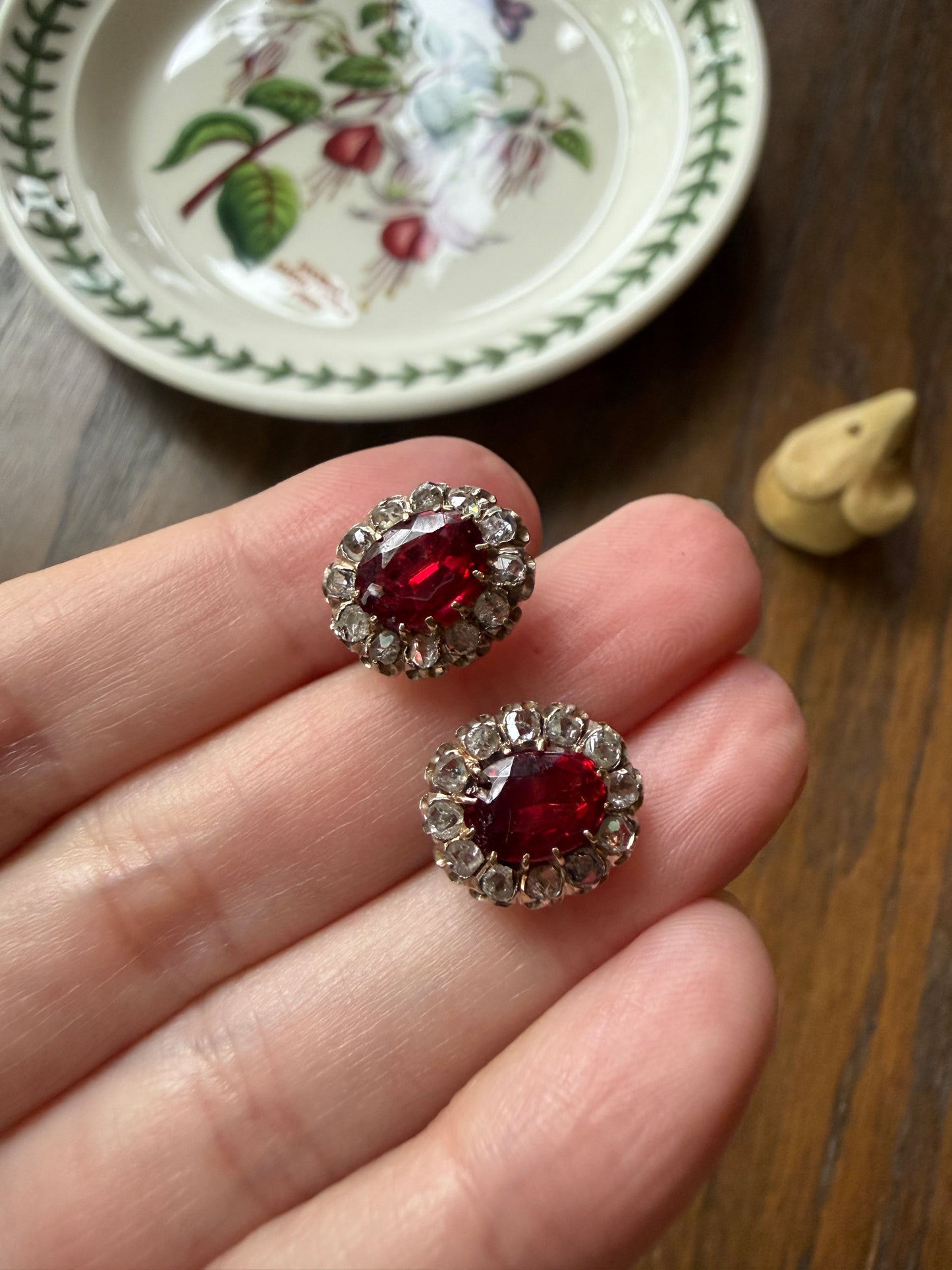 French Antique 18k Gold Red Paste Halo Rose Cut Diamond Earrings Victorian Faux Ruby Garnet Studs