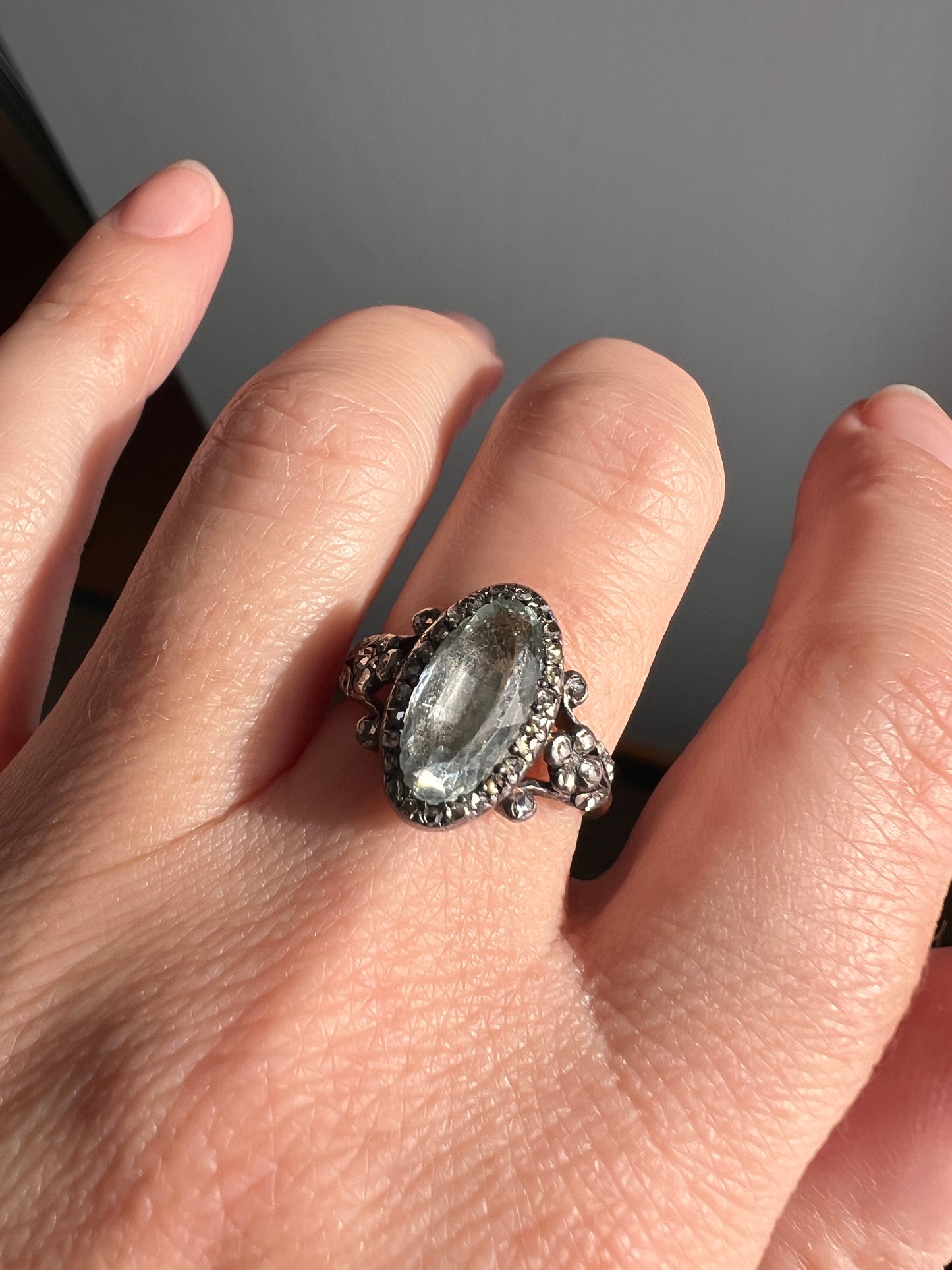 Rare VICTORIAN Foiled AQUAMARINE Rose Cut DIAMOND Halo Floral Ring 18k Gold Silver Pale Blue French Antique