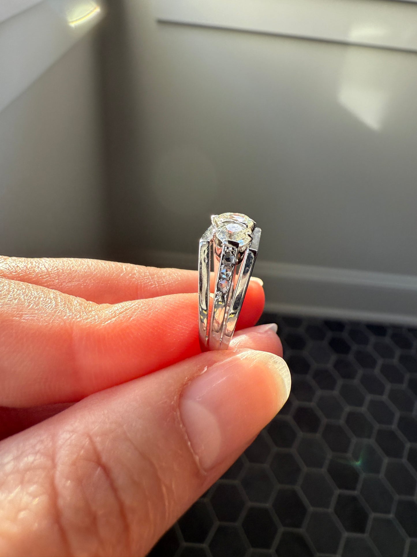 Three Stone Antique 1.75 Carat Old Mine Cut DIAMOND Chunky Tank Geometric Wrap Ring 14k White Gold Platinum Squared Band Stacker
