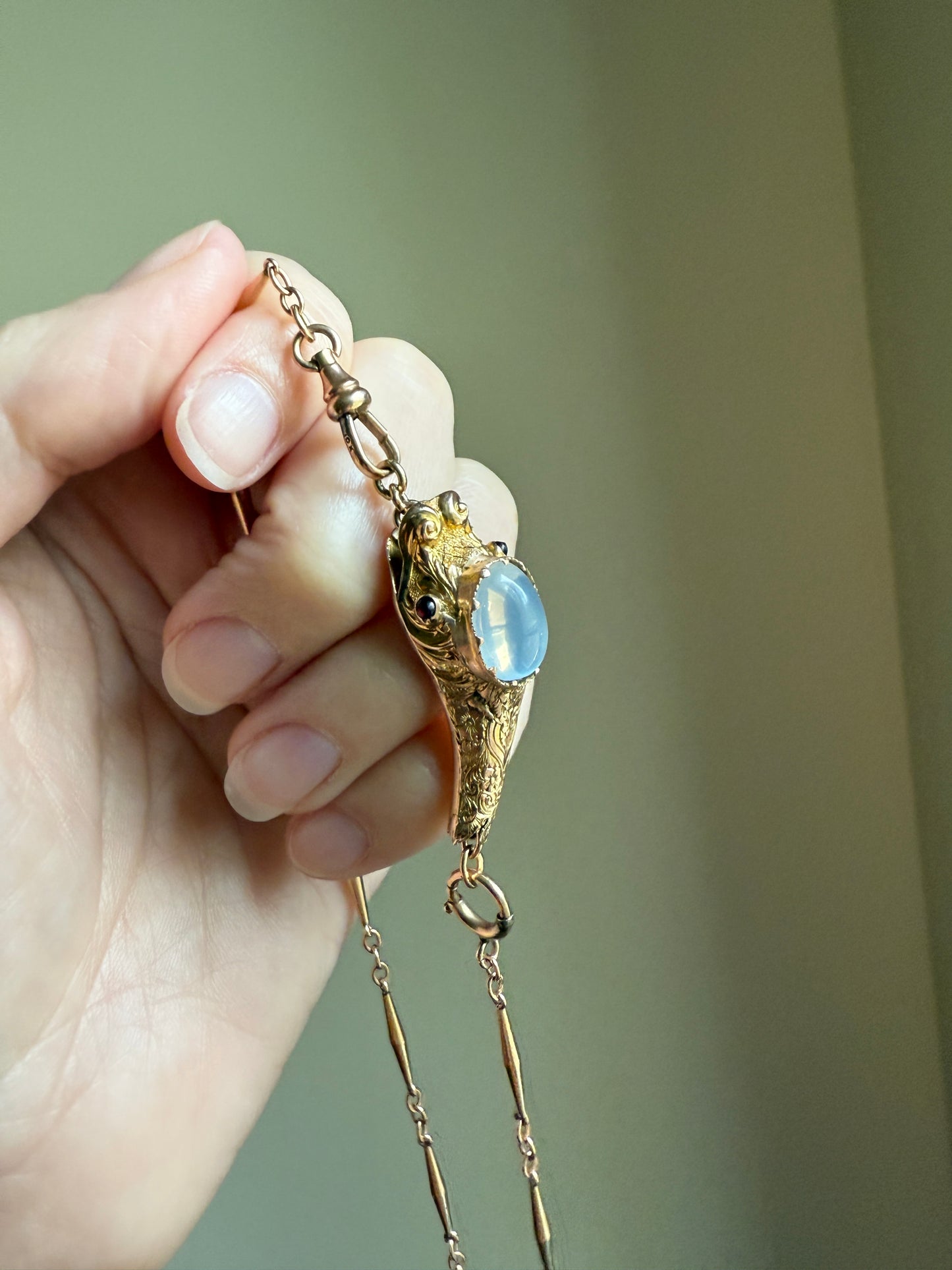 MOONSTONE Smiling SNAKE Large Victorian Antique Pendant CONNECTOR Extender Figural 10k Gold Solid Swivel Engraved Head Garnet Eyes