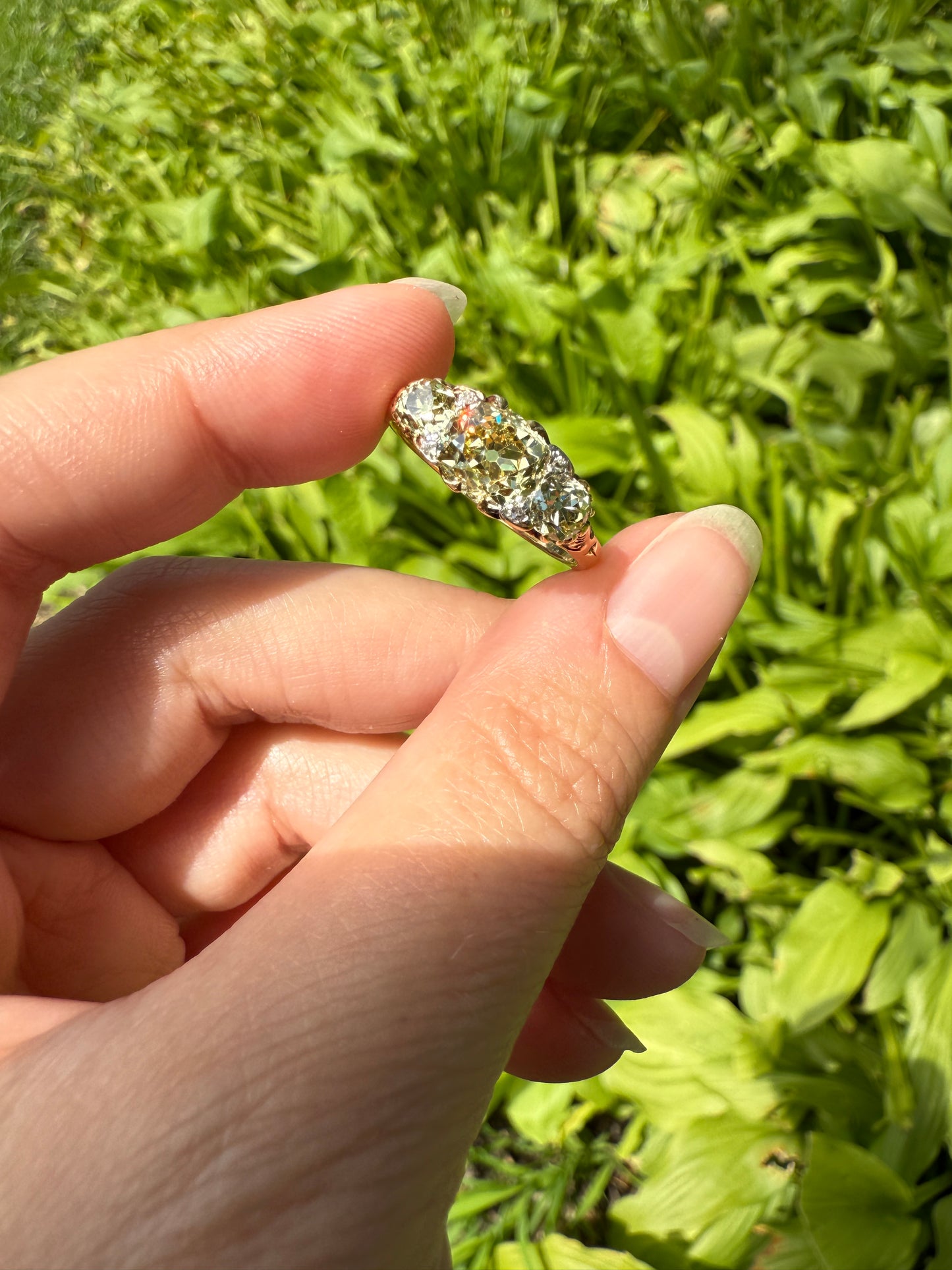 SPECIAL 3.1 Carat Antique FANCY YELLOW Old Mine Cut Diamond Three Stone Canary Ring Gemset Prong Spacers 18k Gold Rare Chunky Band