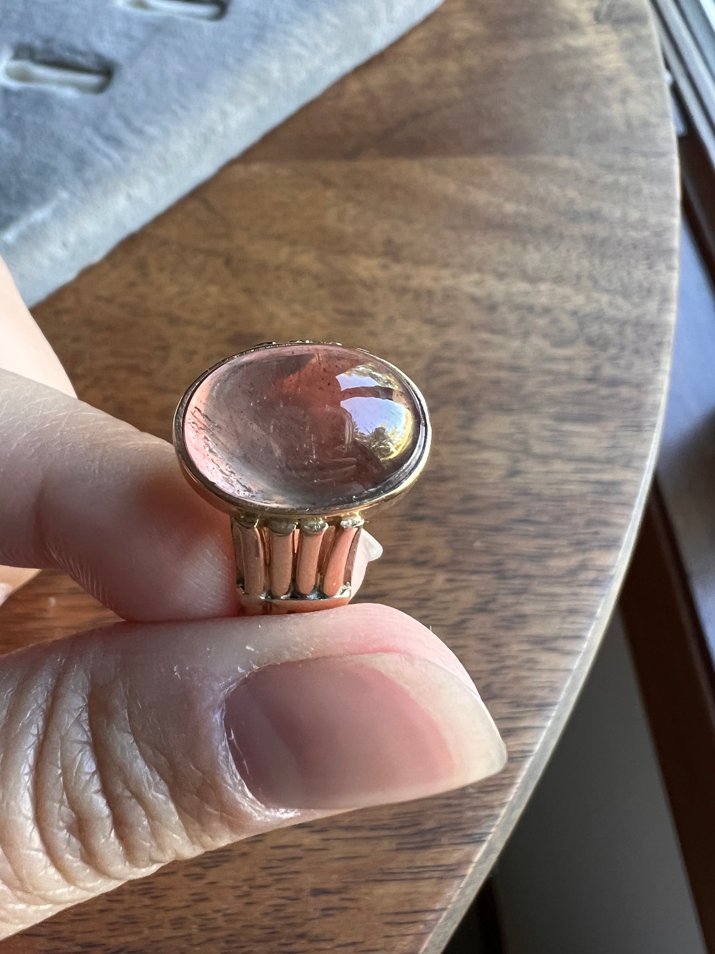 Glowing Natural CHRYSOBERYL Dusty Rose PINK Iridescent French Antique Ring 18k Rose Gold