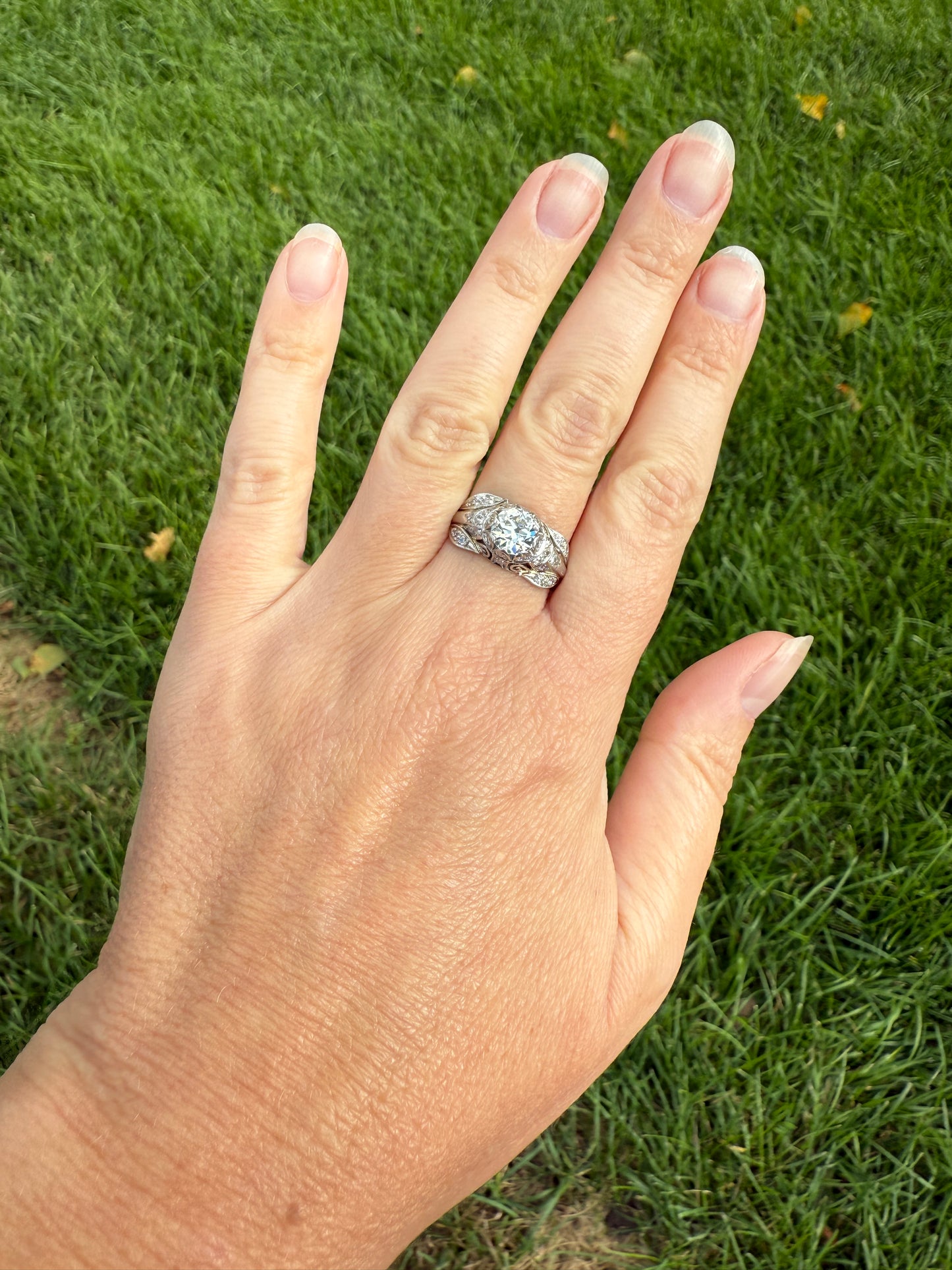 PLATINUM 1.7Ctw Art Deco Eye CLEAN Old European Cut Diamond Solitaire Engagement Ring w/ Wedding Set Wrap Encrusted Leaf Prong Antique c1928